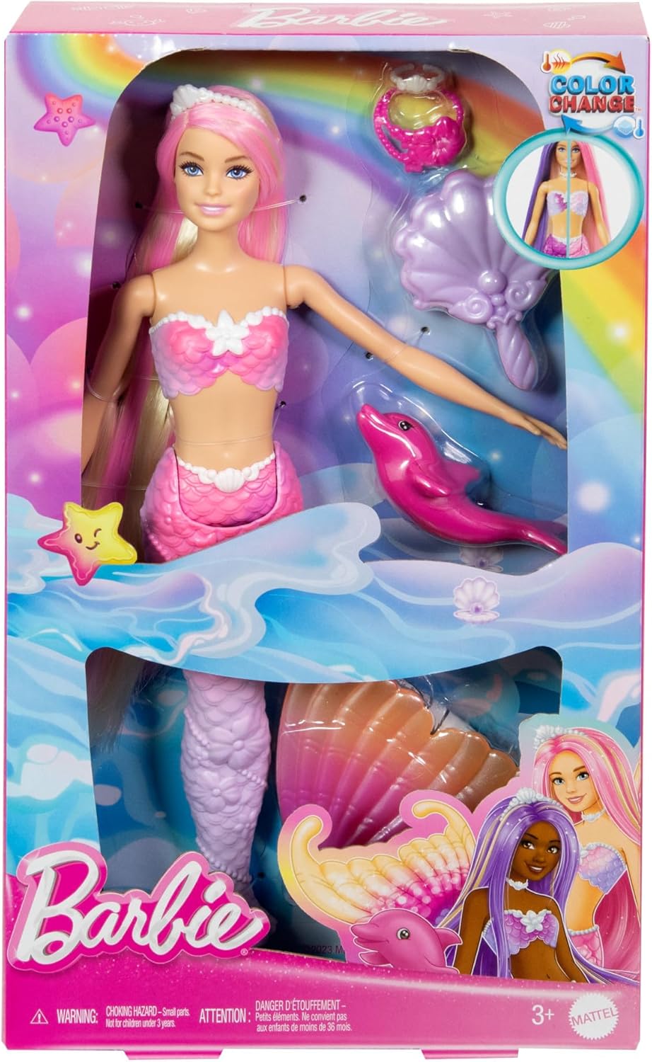 Barbie Mermaid Doll 'Malibu' with Color-Changing Hair & Dolphin - Ages 3+ 6