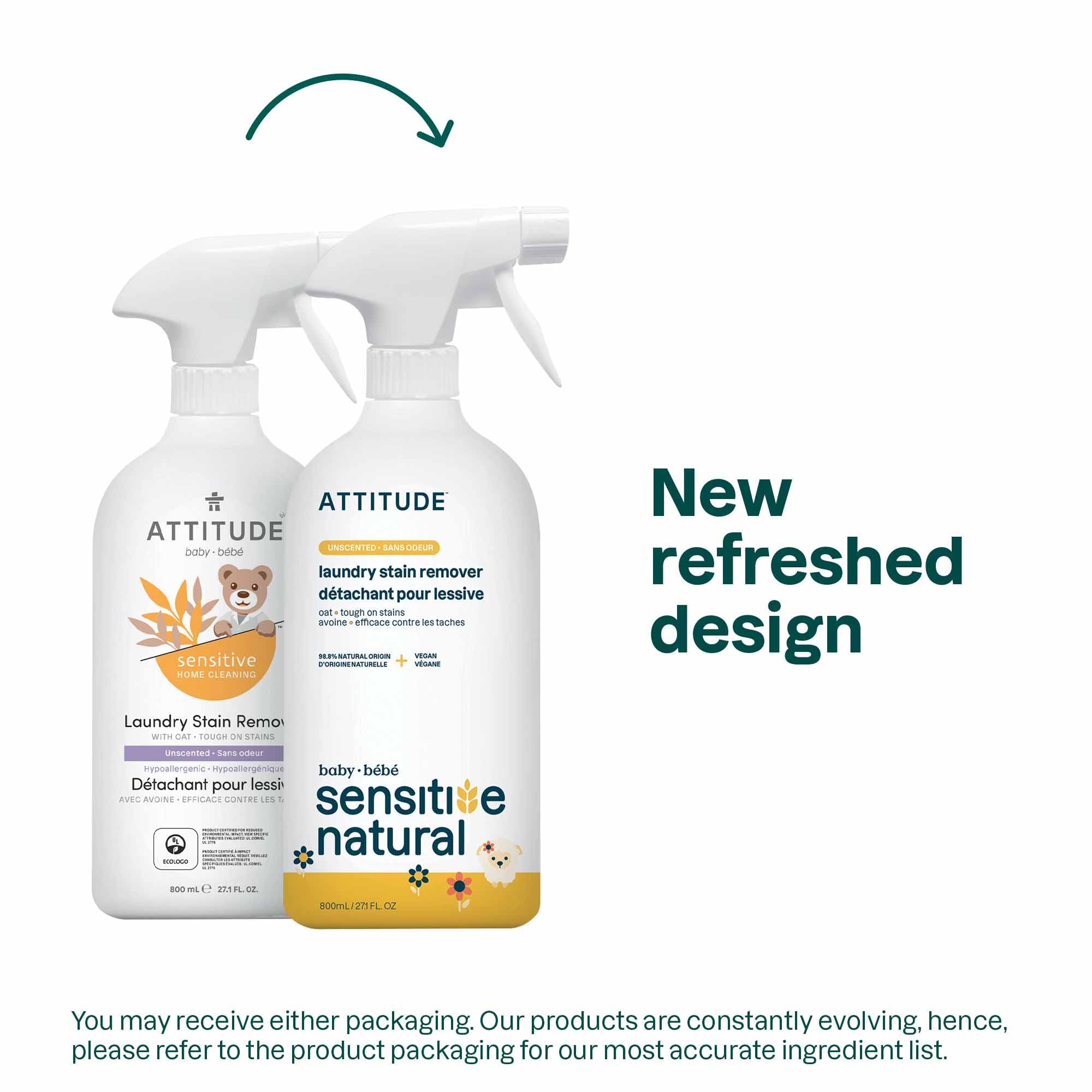 ATTITUDE Laundry Stain Remover for Baby Clothes - Plant-Based, Unscented, 800 ml