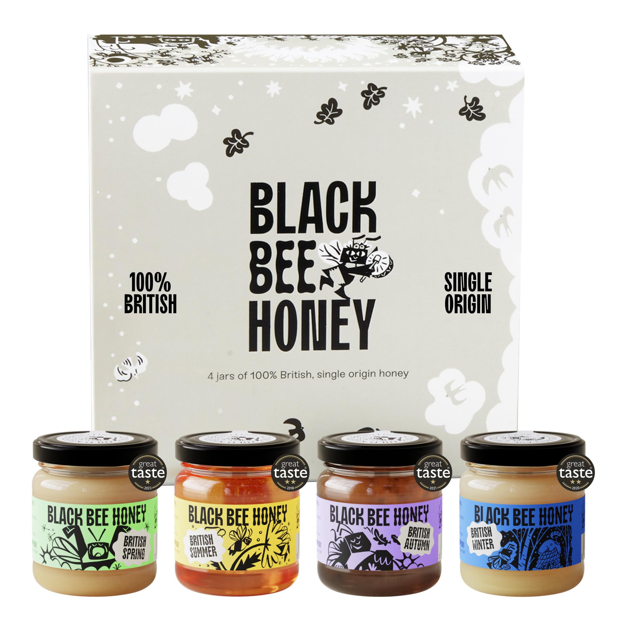 Black Bee Honey Gift Set - 4x 42g British Honey Pack, Creamy Light Spring