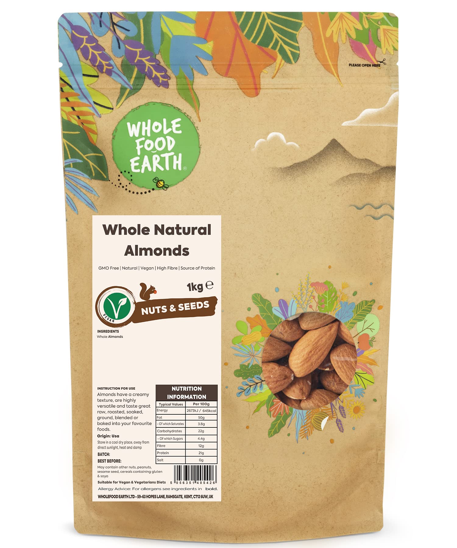 Wholefood Earth Ganze natürliche Mandeln 1 kg | Gentechnikfrei | Vegan | Ballaststoffreich