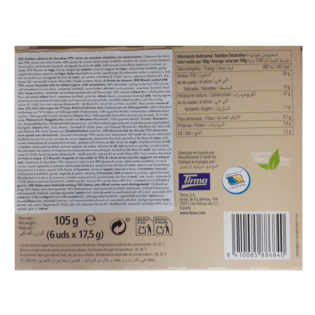 Tirma BeZero Dark Chocolate Dipped Light Biscuits | No Added Sugars, 80 kcal Each | 6 Individually Wrapped Snacks 6