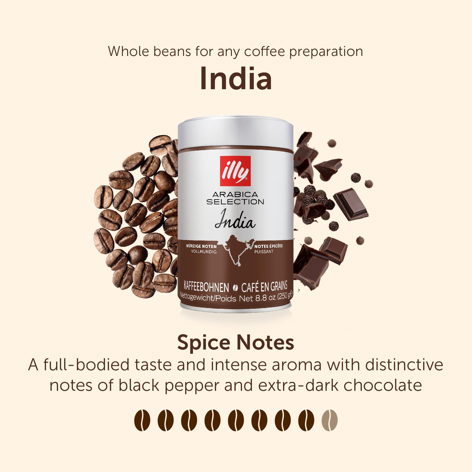illy Luxury Arabica Selection - India Dark Roast Whole Coffee Beans - 100% Arabica - 250g Tin 6