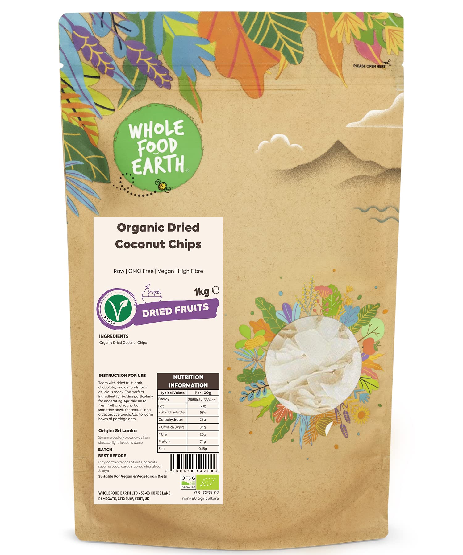 Wholefood Earth Organic Dried Coconut Chips - 1 kg Raw Vegan Snack | 5-Star Hygiene Rated