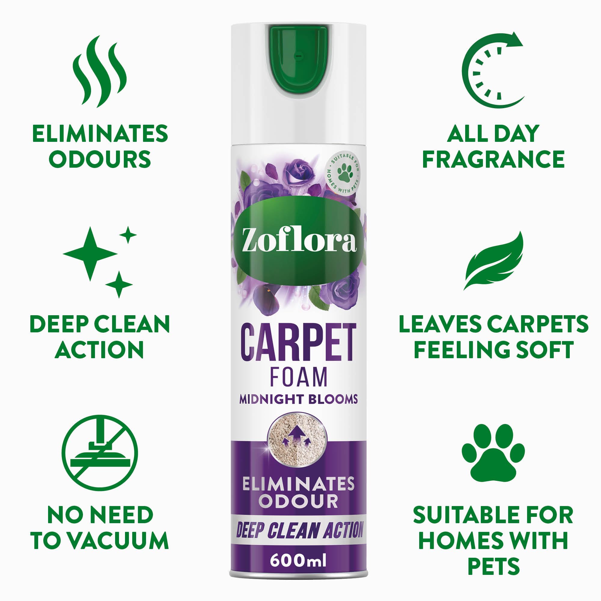 Zoflora Midnight Blooms Carpet Fresh & Care Foam, 600ml – Deep Clean Stain Remover & Odour Neutraliser for Carpets and Upholstery