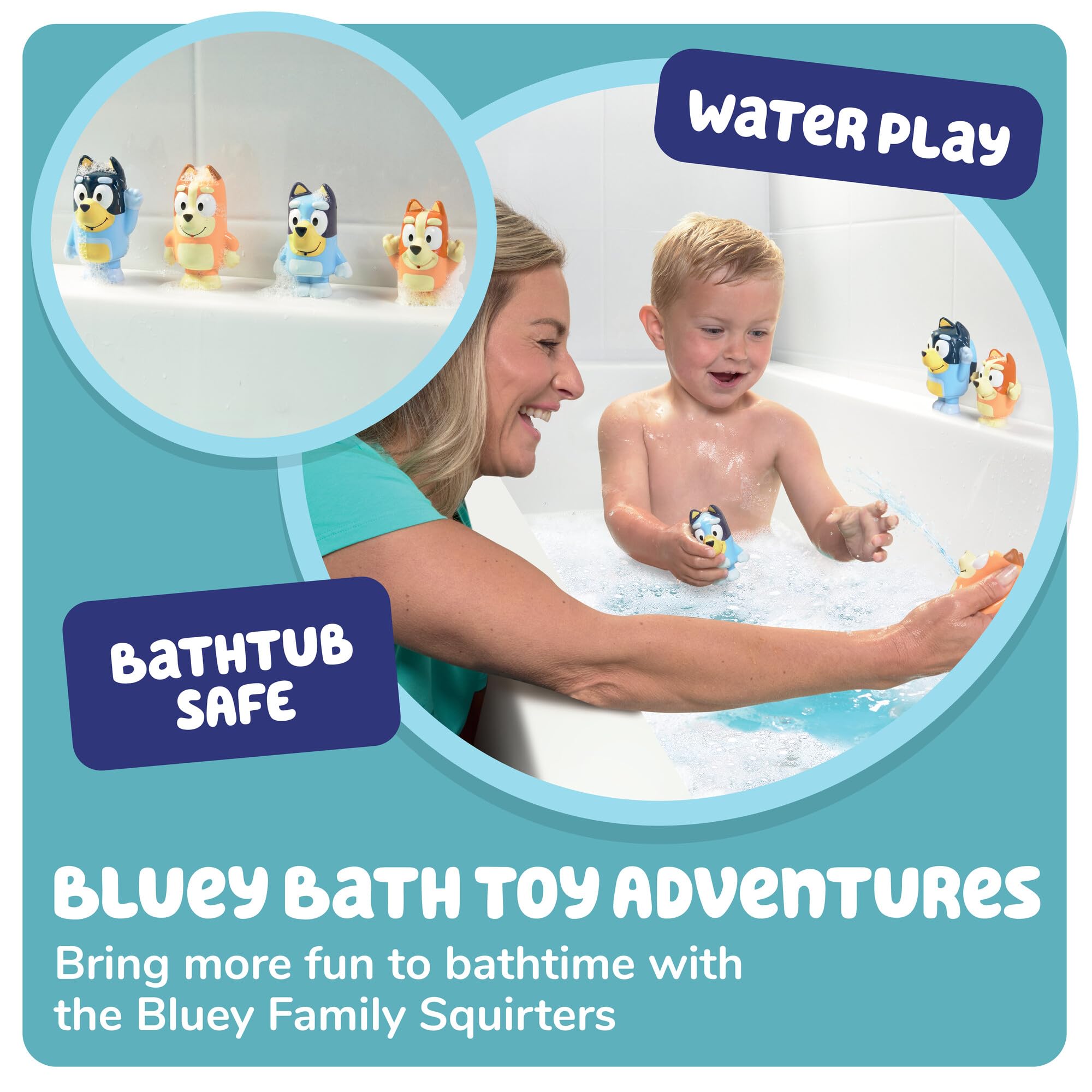 Toomies Bluey Squirter 4-Pack Bath Toy Set with Bluey, Bingo, Mum, and Dad