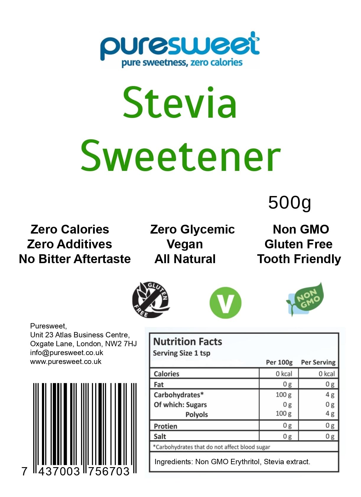 Puresweet Premium Stevia Sweetener - 500g Bag | Great Taste | Blood Sugar Control