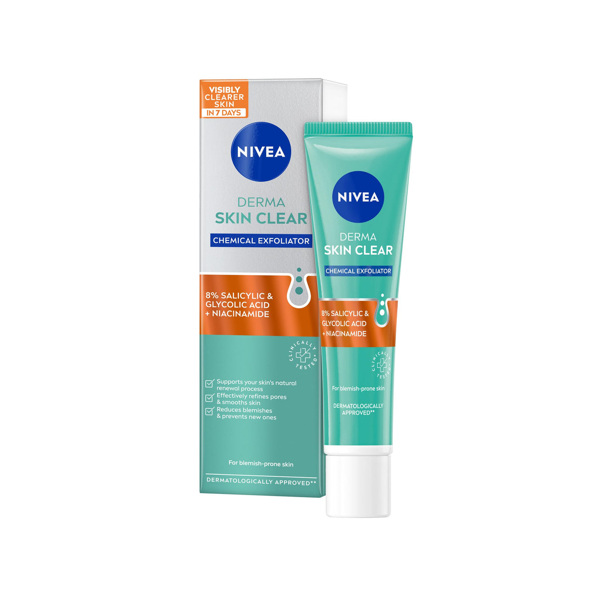 NIVEA Derma Skin Clear Chemical Exfoliator - 40ml | Removes Blemishes | Glycolic Acid, Salicylic Acid, Niacinamide