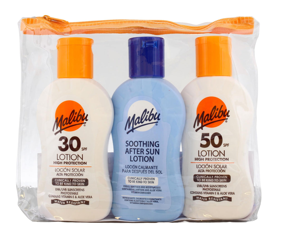 Malibu Travel Essentials Sunscreen & After Sun Lotion - SPF 15, Aloe Vera Scent, Pack of 3