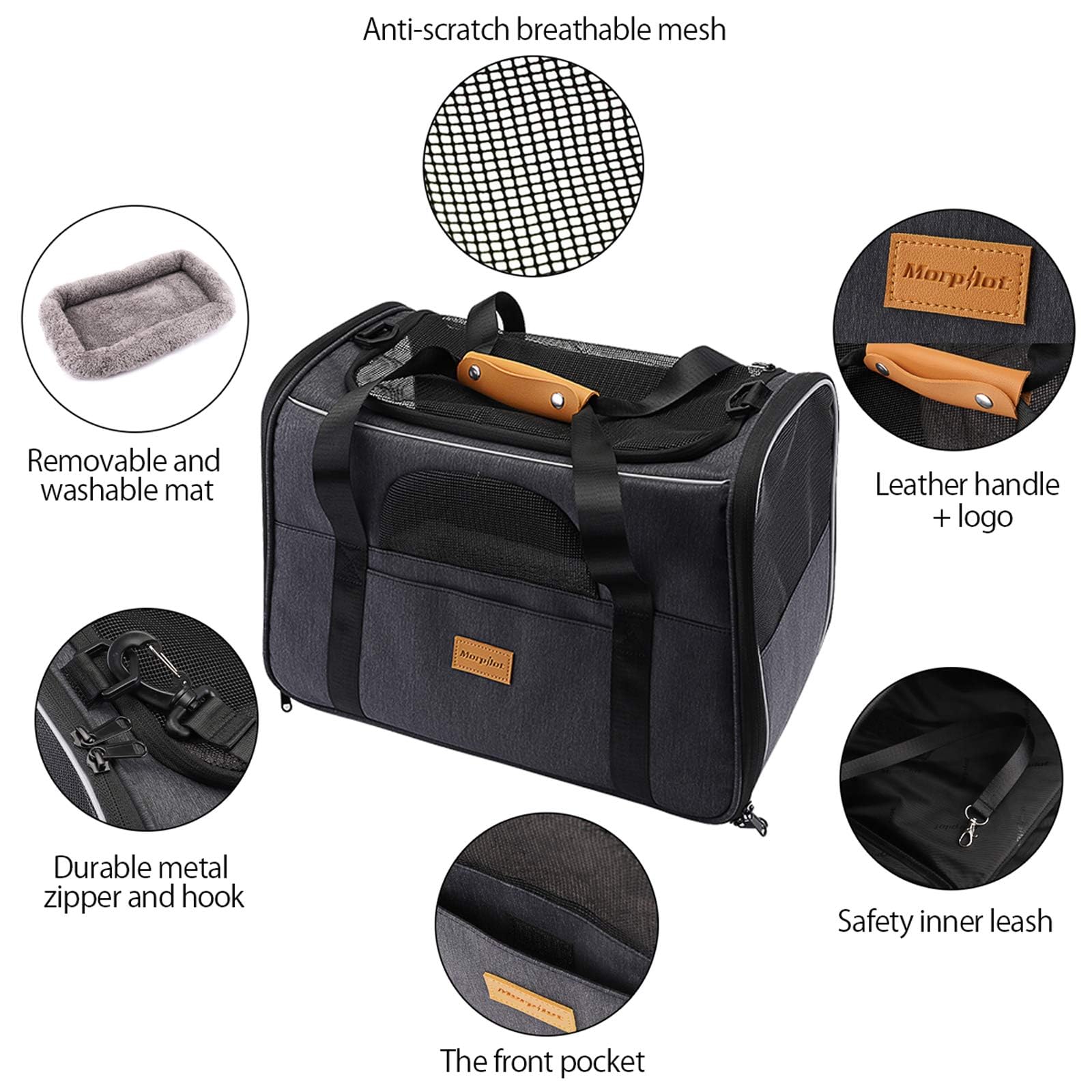morpilot Airline Approved Soft-Sided Pet Carrier - Durable Polyester, Up to 9kg | Grey