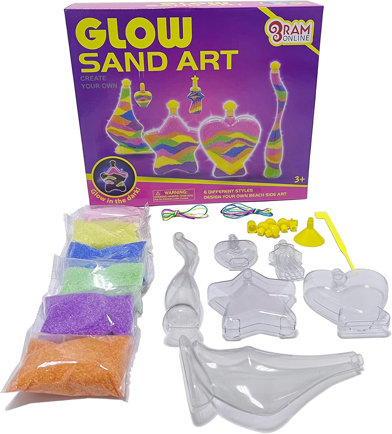 Ram Glow in the Dark Glitter Sand Art Bottles - Kids Craft Kit with 24 Pieces