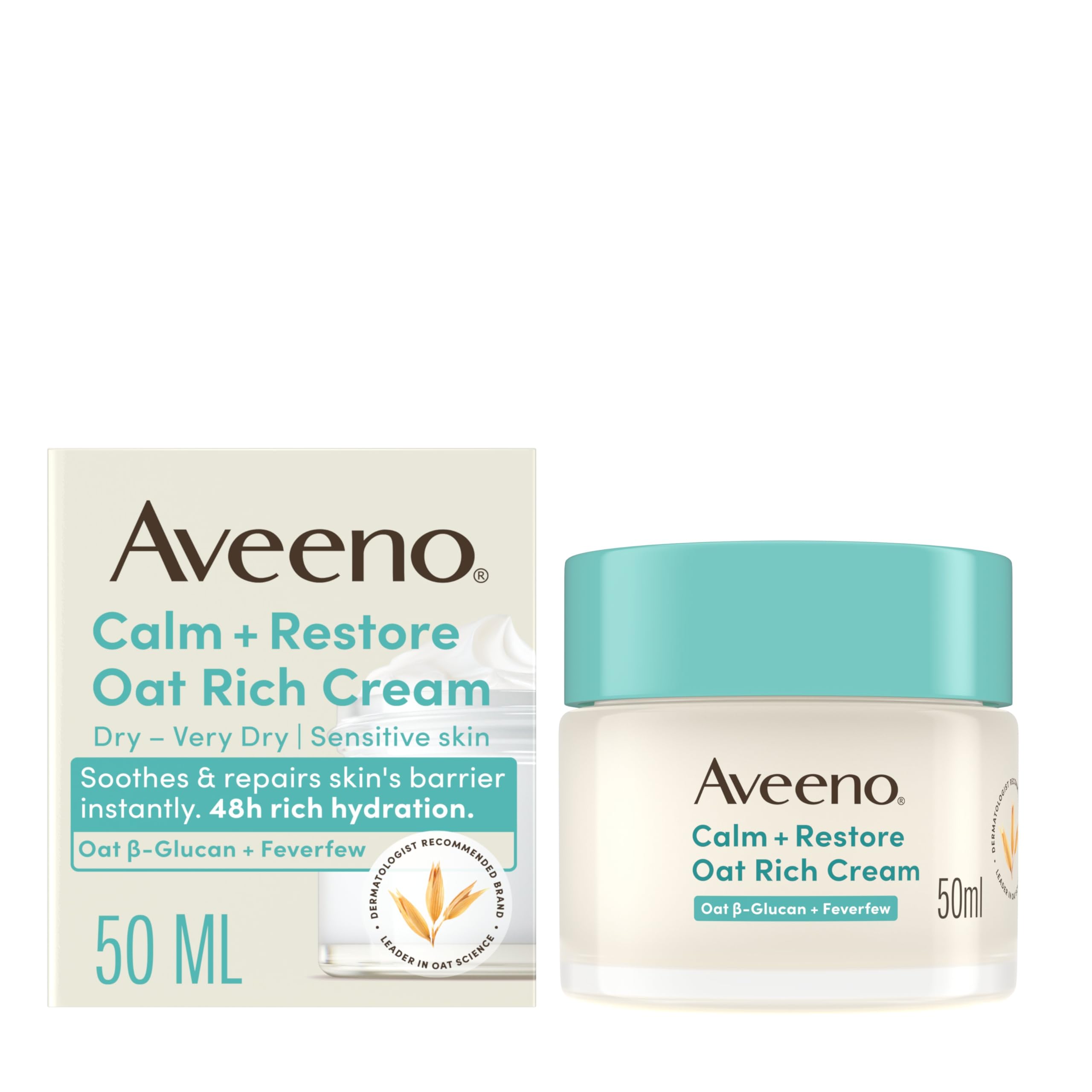 Aveeno Calm + Restore Oat Rich Cream for Dry/Very Dry Sensitive Skin | 48H Hydration | 50 ml