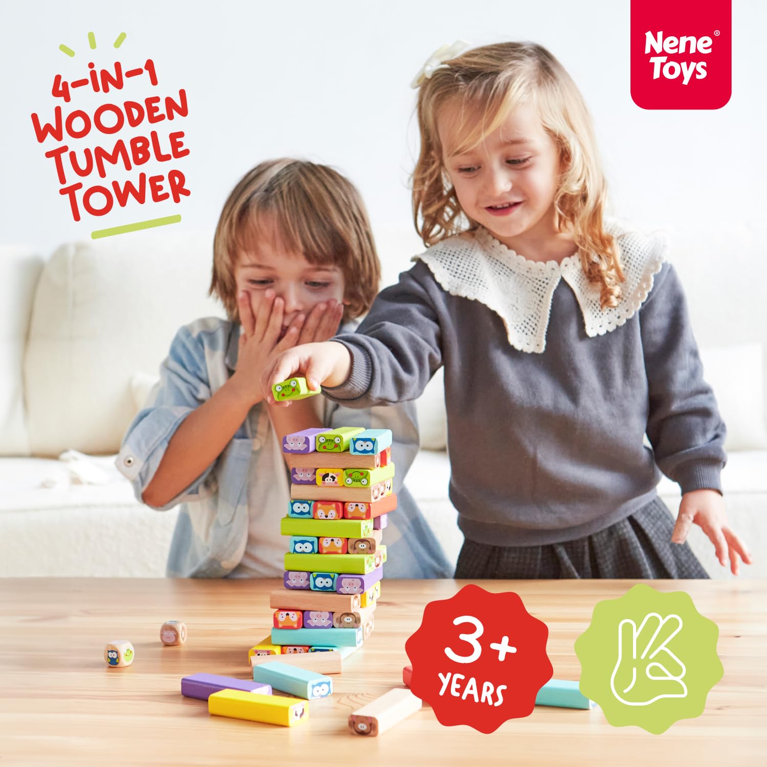 Nene Toys 4-in-1 Wooden Tumble Tower Game with Animals & Colors - Family Board Game 7