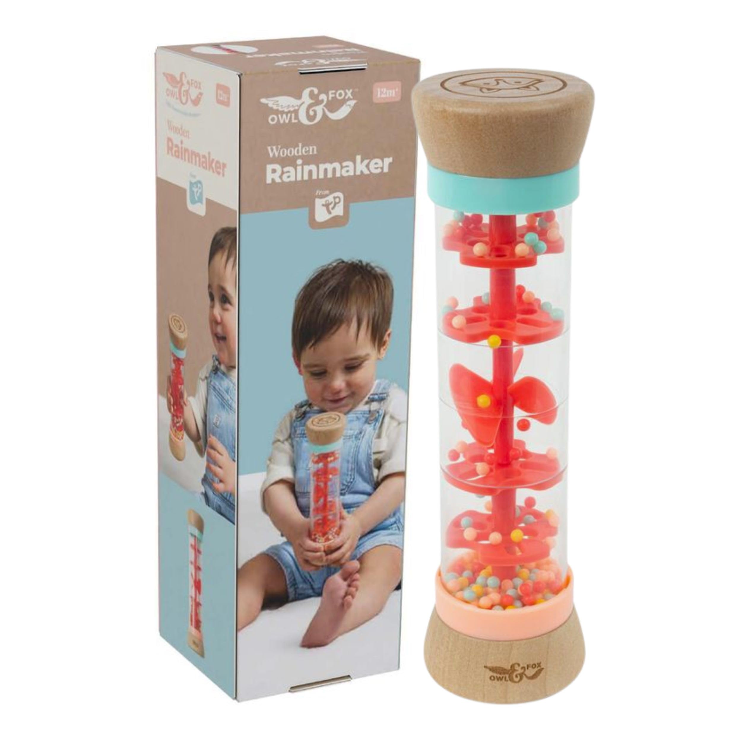 Owl & Fox Wooden Rainmaker Baby Rattle Toy - Soothing Sounds, Sensory Development | 12+ Months