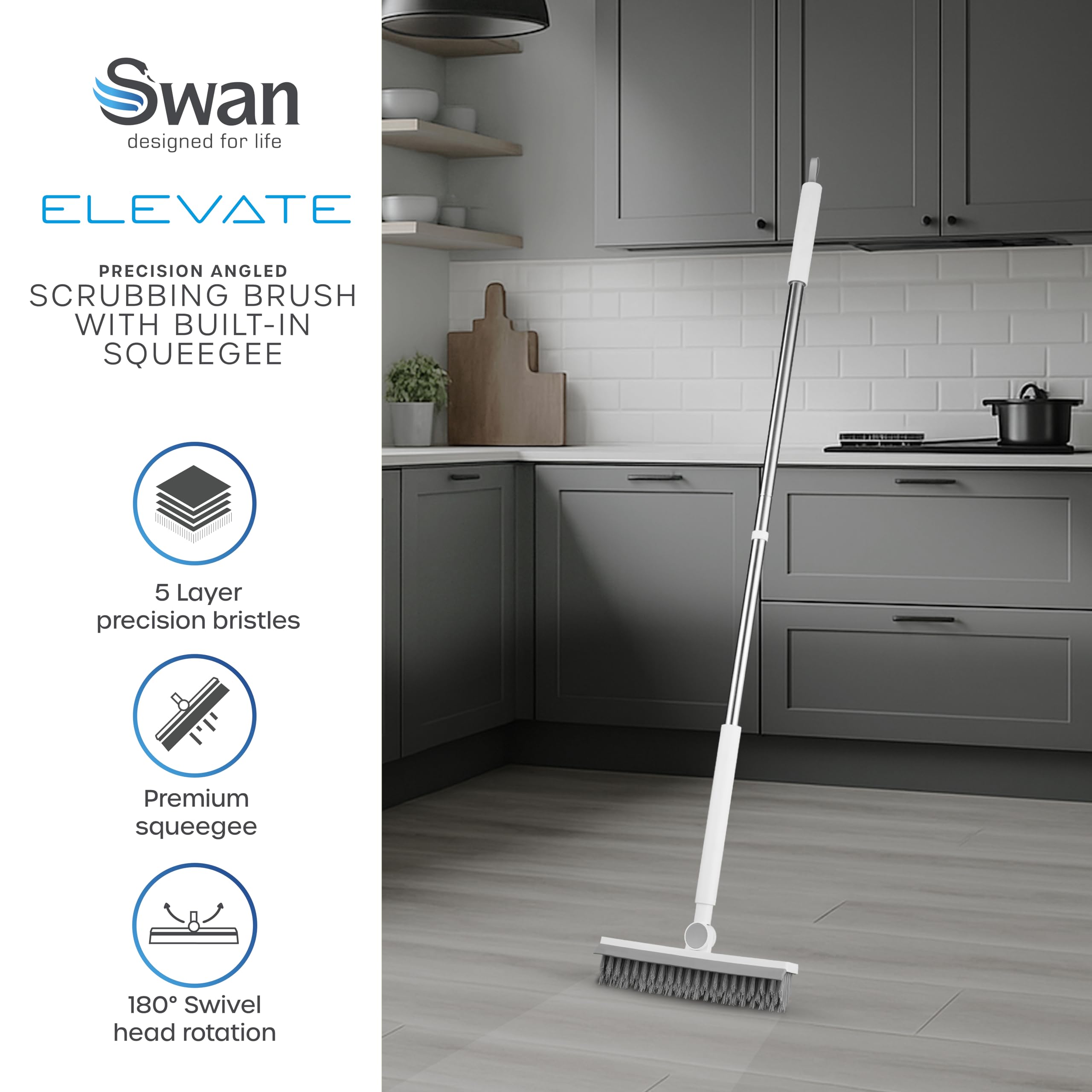 Swan Elevate Angled Floor Scrubbing Brush with Squeegee | 180° Pivoting Head | 5 Layer Bristles