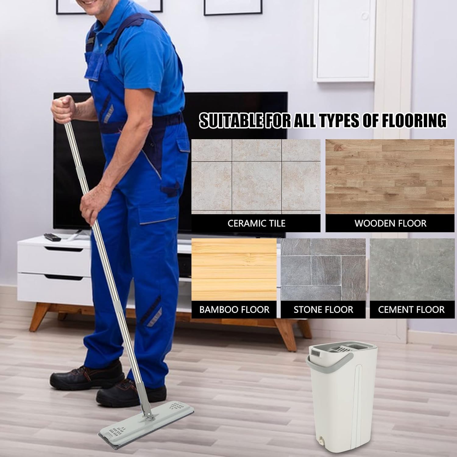 ASelected - Flat Mop and Bucket Set with Hands-Free Squeeze, 10 Reusable Microfiber Pads, Stainless Steel Handle 8