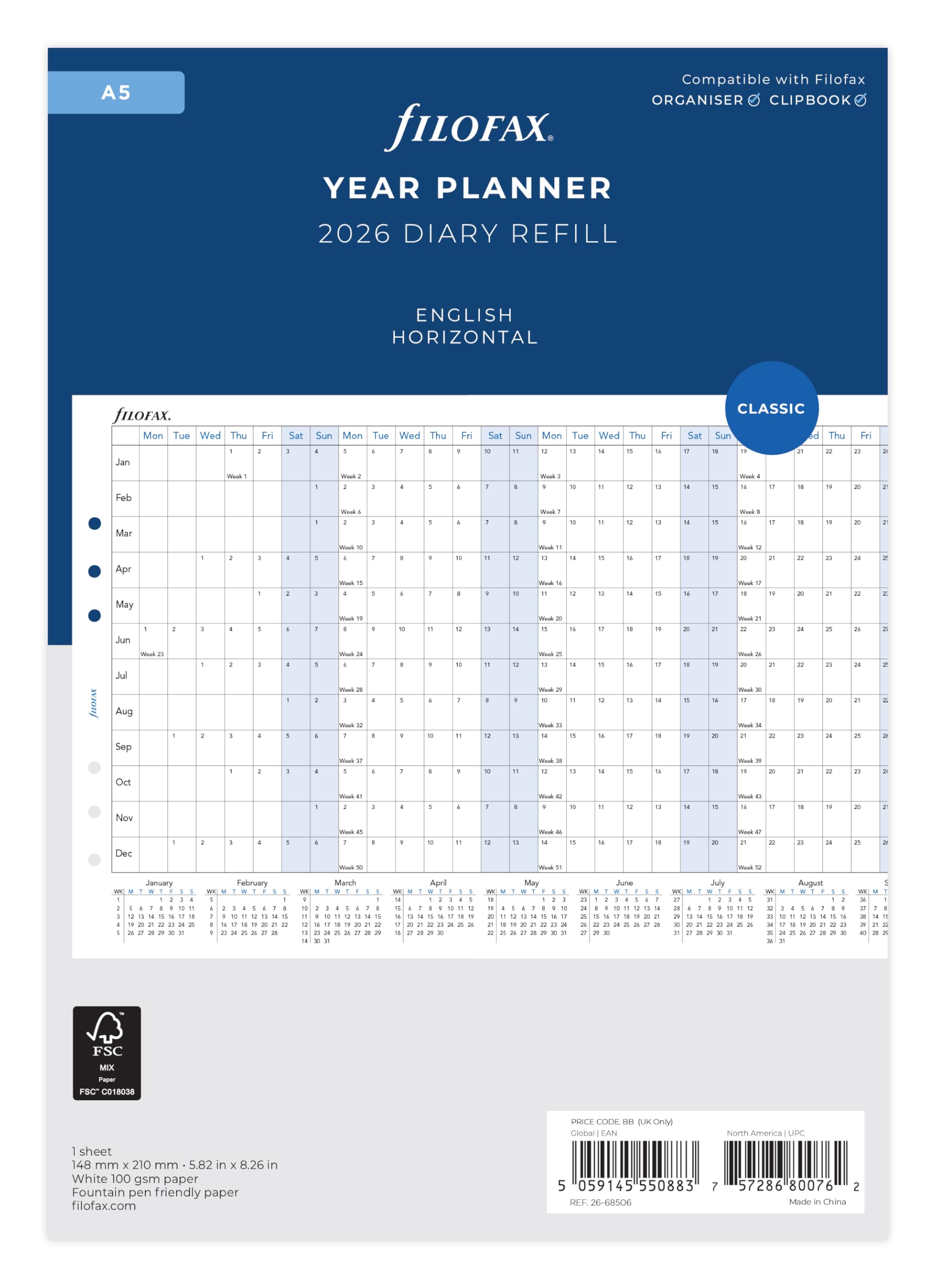 Filofax A5 2026 Horizontal Year Planner Refill | 100gsm Fountain Pen Friendly Paper | 148mm x 210mm