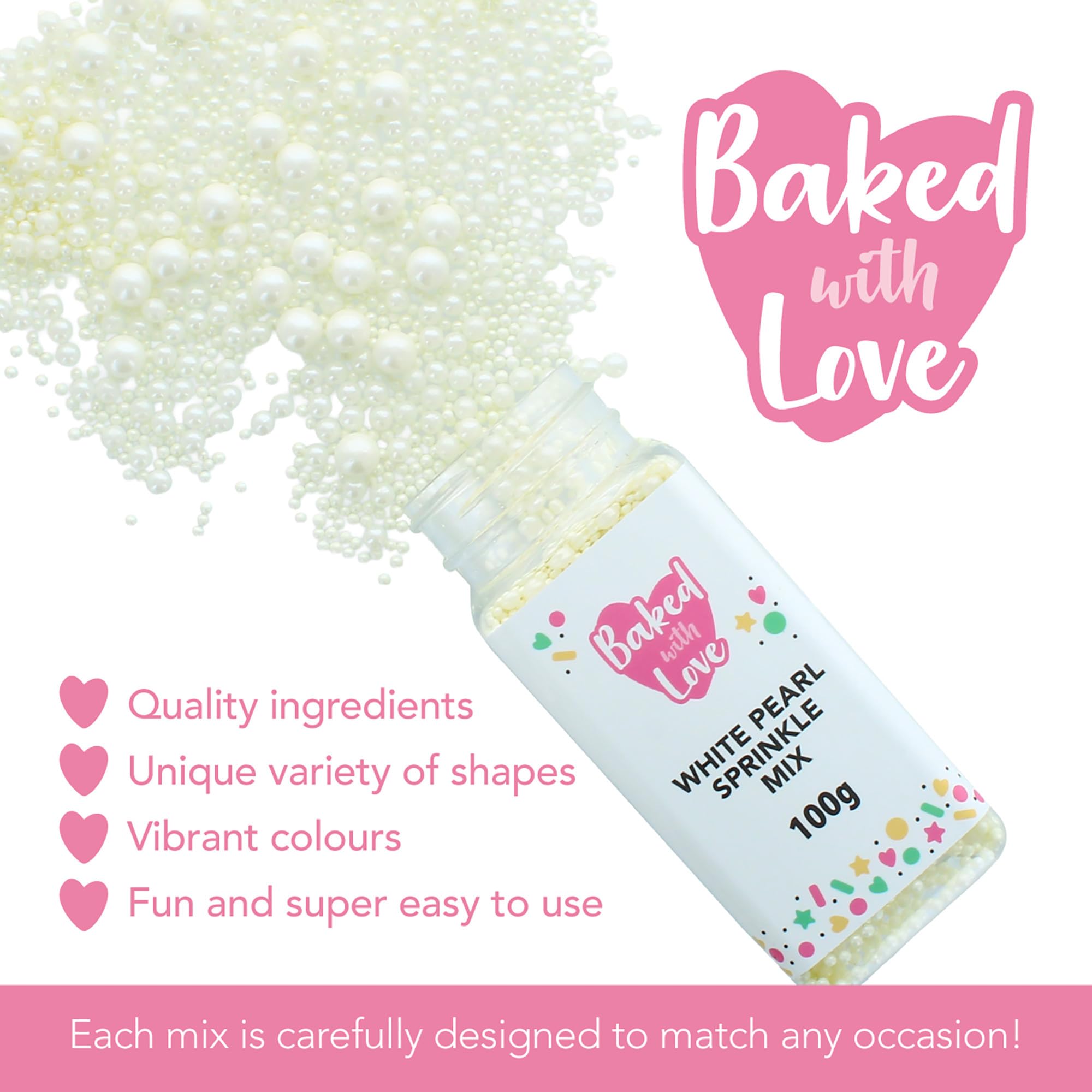 Baked with Love White Pearl Sprinkles - Mother of Pearl Sugar Balls | 100g Resealable Bottle