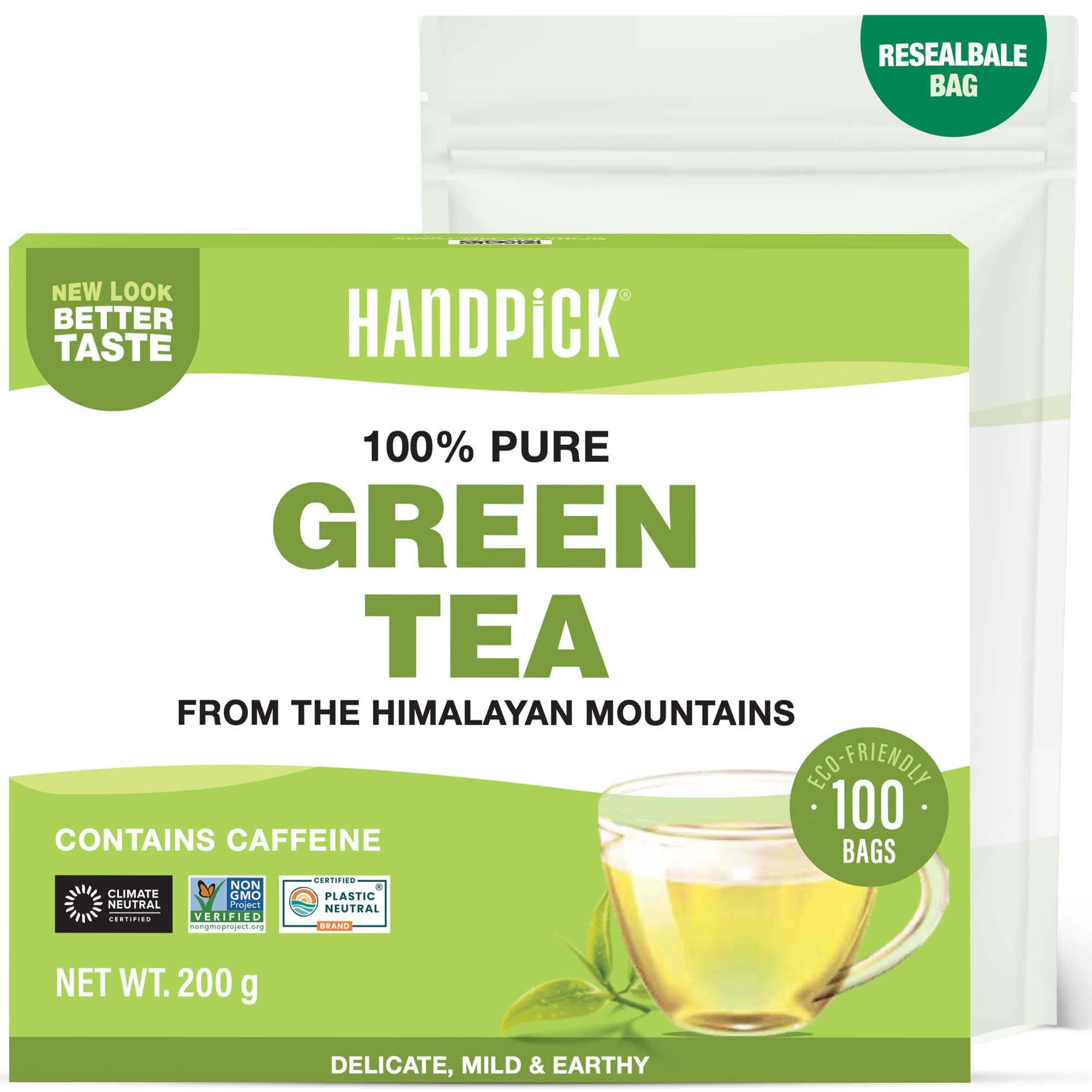 HANDPICK Green Tea Bags - 100% Pure Green Tea, 100 Bags, No Adhesive, No Bleach, Gluten Free