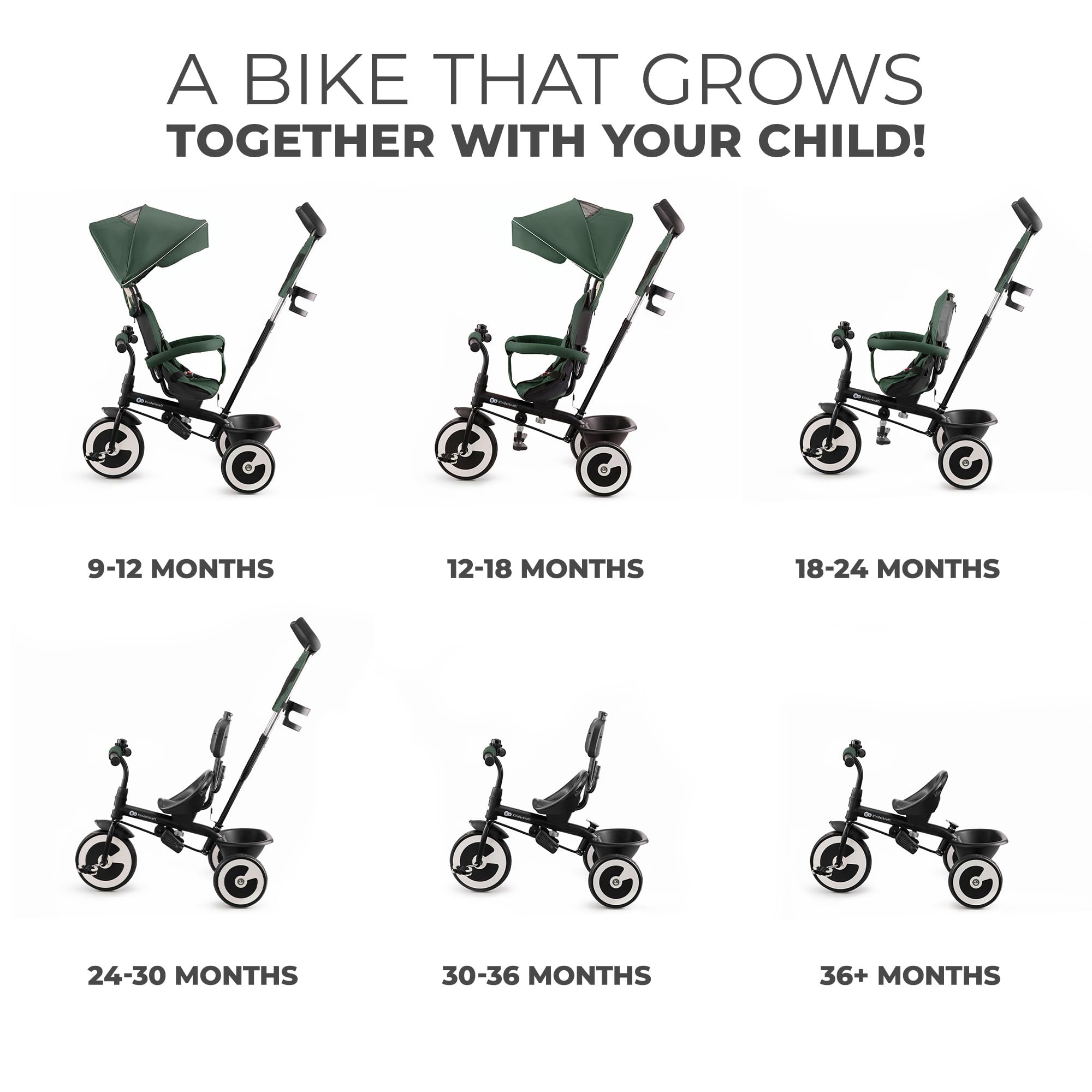 Kinderkraft Aston Tricycle - Swivel Seat, Parent Handle, Free Wheel | 9 Months to 5 Years, Green