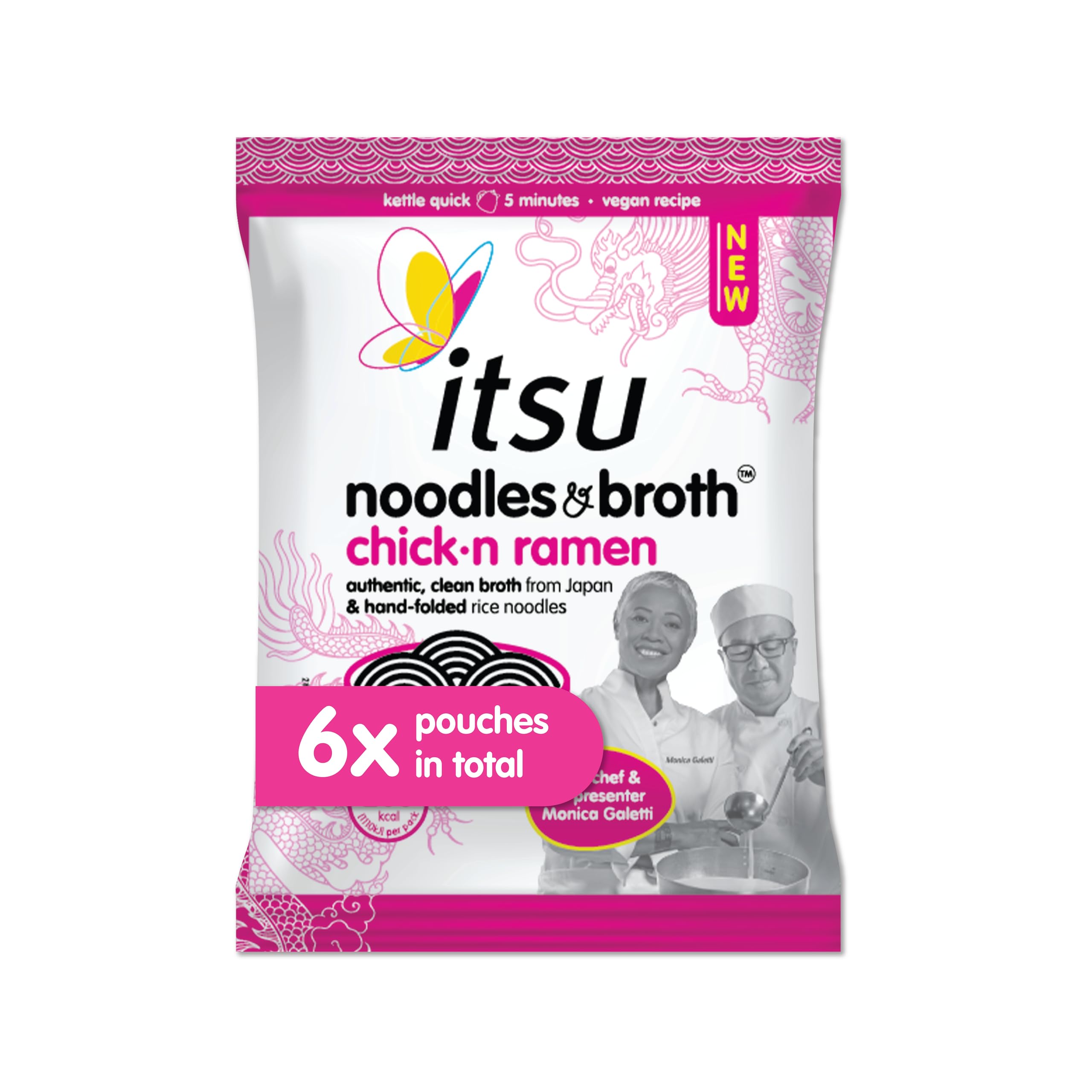 Itsu Chickn Noodles & Broth Pouch 82g - Pack of 6 | Gluten Free Vegan Instant Noodles