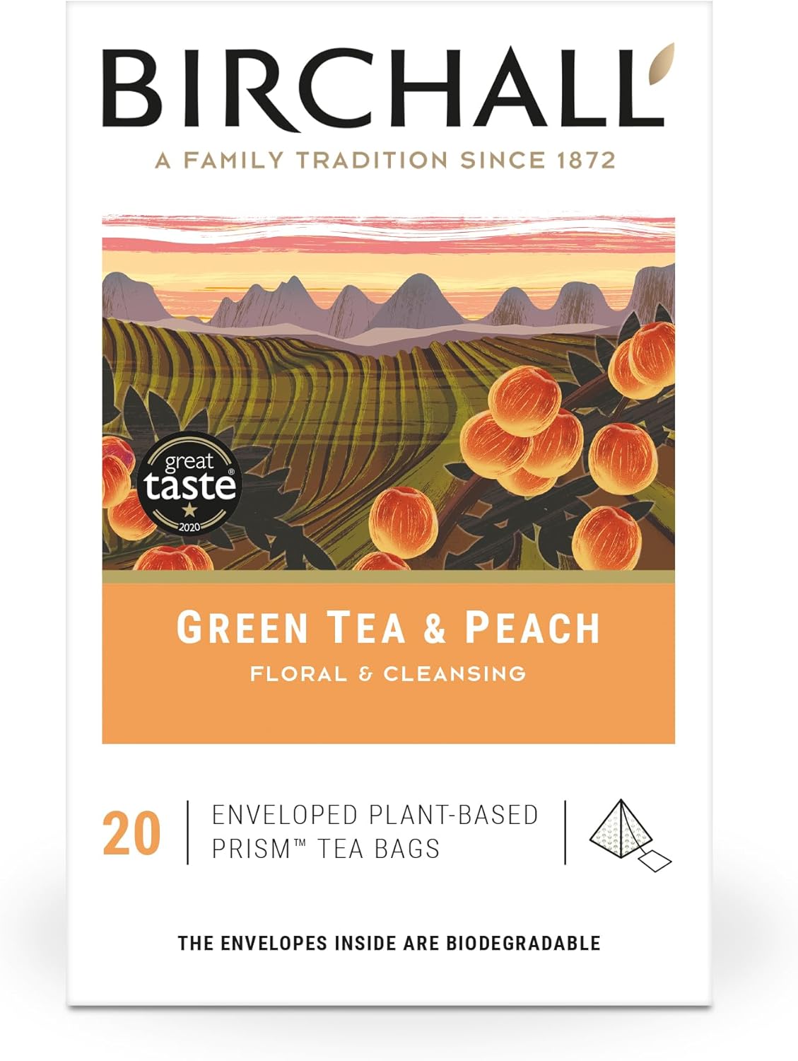 Birchall Green Tea & Peach - 20 Enveloped Plant-Based Prism Tea Bags