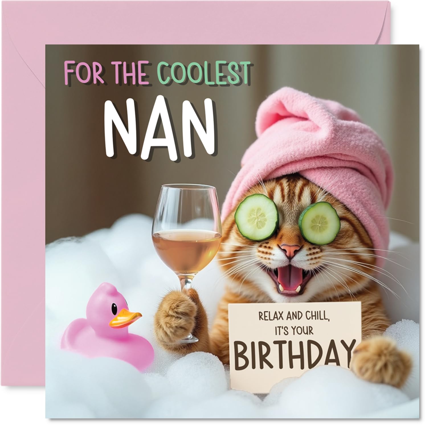 Stuff4 Funny Nan Birthday Card - Relaxing Bath Cat Design | 145mm x 145mm