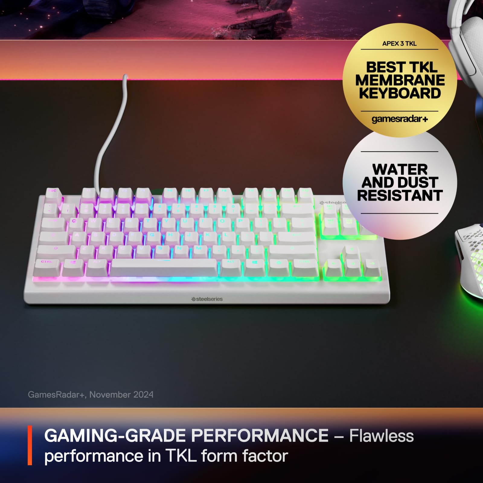 SteelSeries Apex 3 TKL Weiße RGB-Gaming-Tastatur – UK-Layout – 8-Zonen-RGB – Flüsterleise Schalter – Wasserfest 6