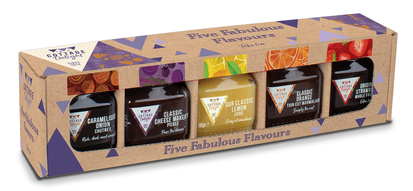 Cottage Delight Five Fabulous Flavours Gift Set - 5-Piece Collection with Caramelised Onion Chutney, Pickle, Marmalade, Lemon Curd & Strawberry Jam 5