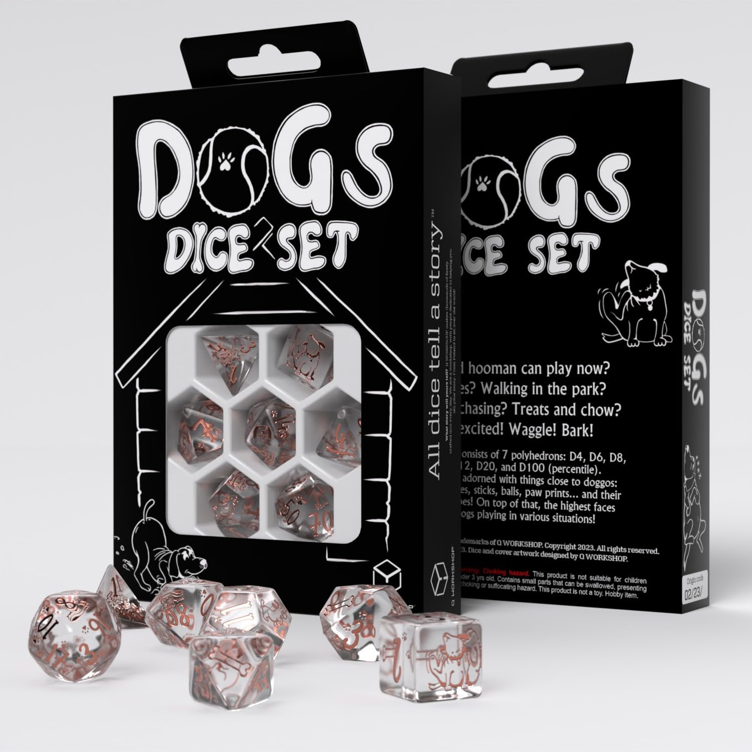 Q WORKSHOP Dogs Dice Set Bella - 7 Polyhedral Dice | Translucent & Copper | Plastic