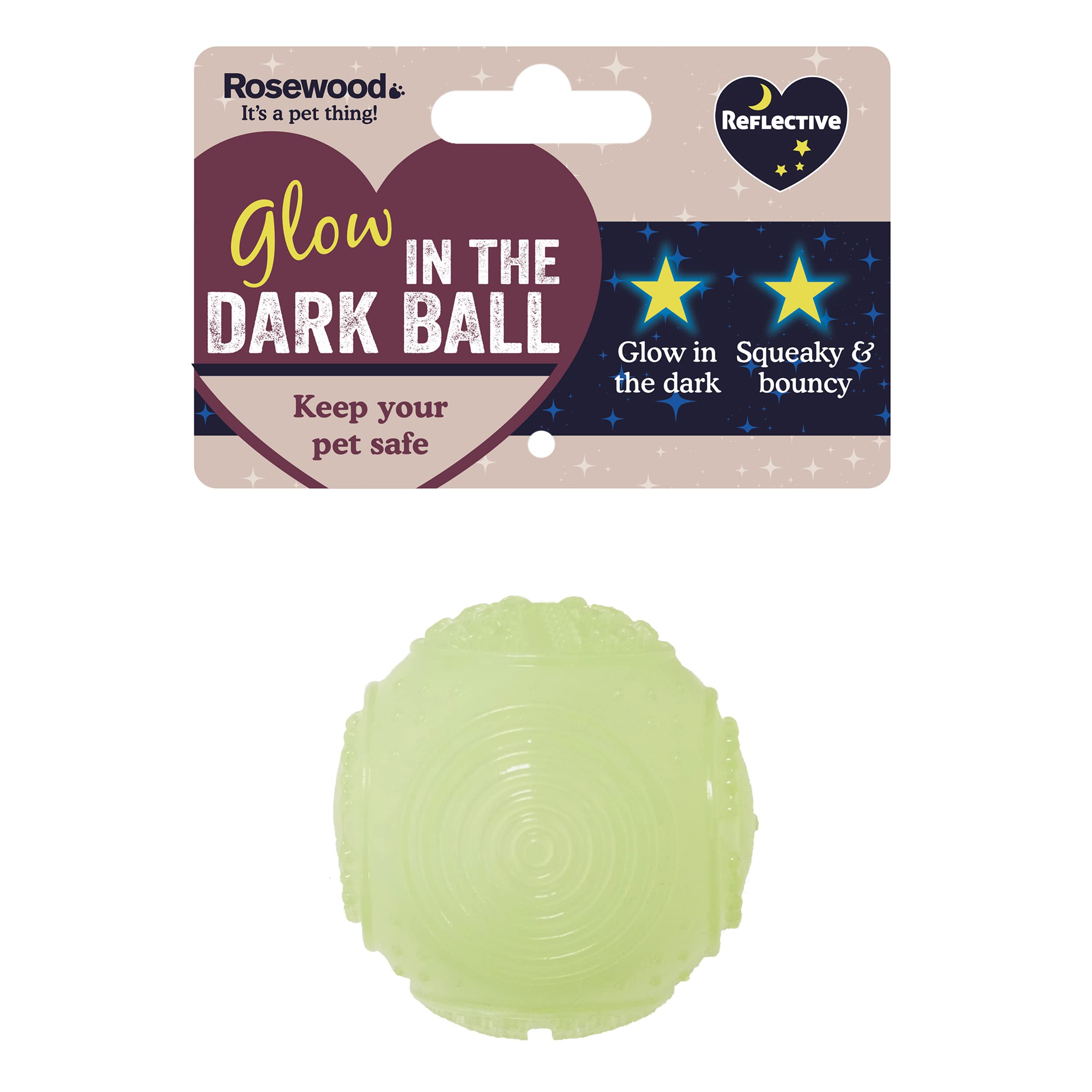 Rosewood Glow In The Dark Dog Ball - Reflective Squeaker Toy for Fetch | Natural Rubber | Green