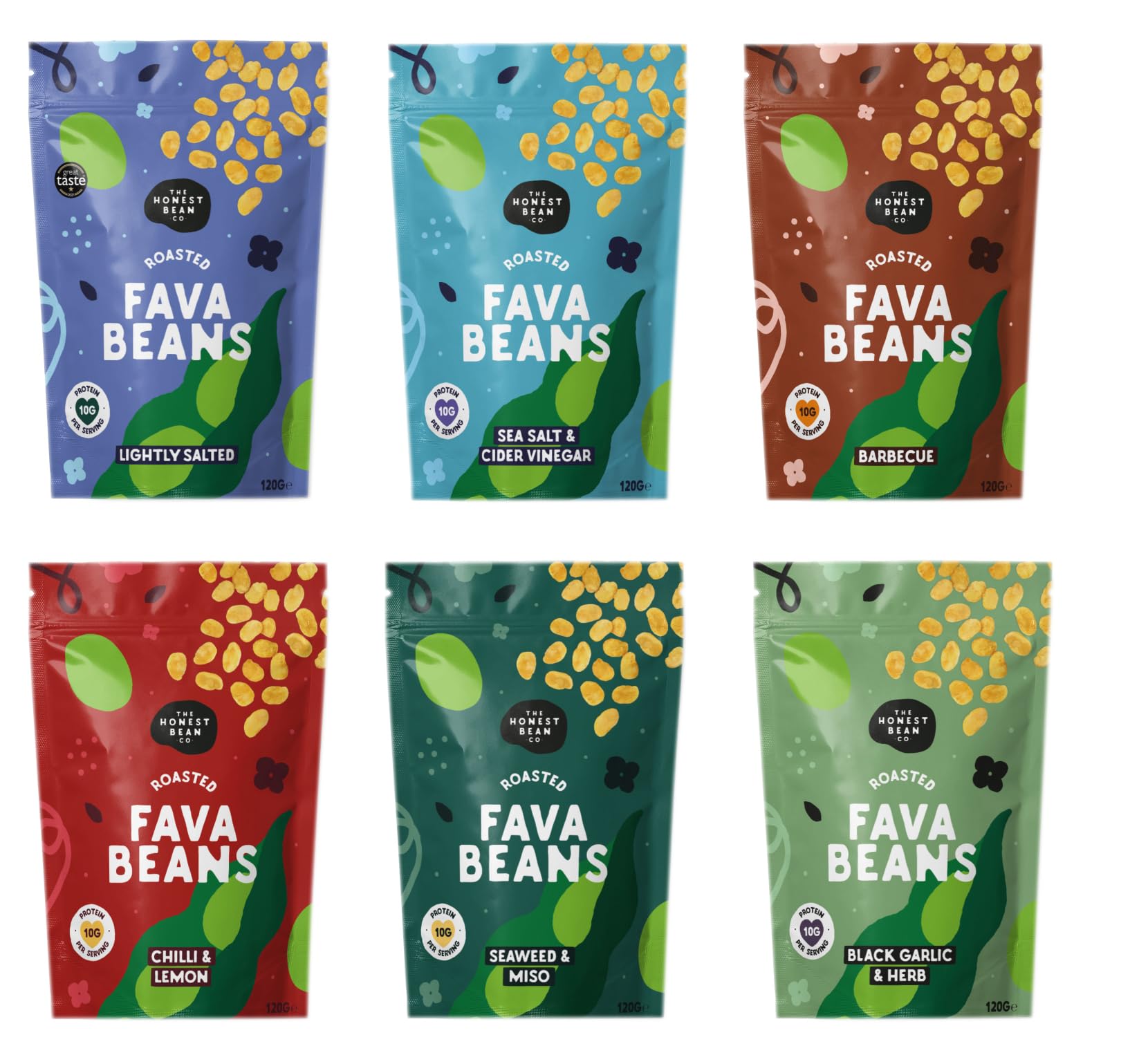 The Honest Bean Co Roasted Fava Bean Variety Pack - Lightly Salted, Sea Salt & Cider Vinegar, BBQ, Chilli Lemon, Seaweed & Miso, Black Garlic & Herb 8
