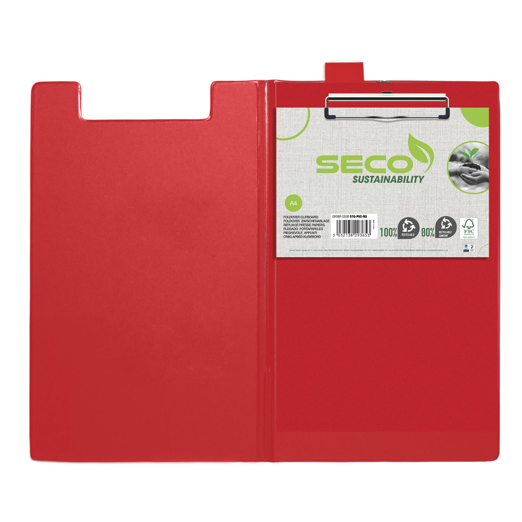 SECO Foldover Clipboard A4+ - Red | Durable PVC | Holds A4 & Foolscap