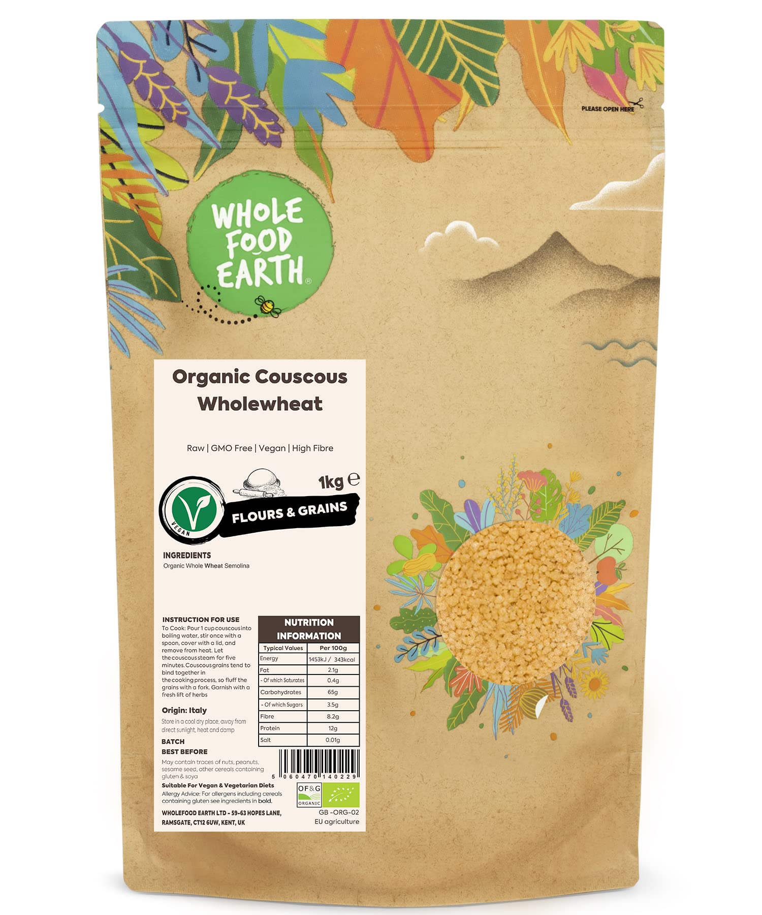 Wholefood Earth Organic Wholewheat Couscous – 1 kg | Raw | GMO Free | Vegan | Certified Organic