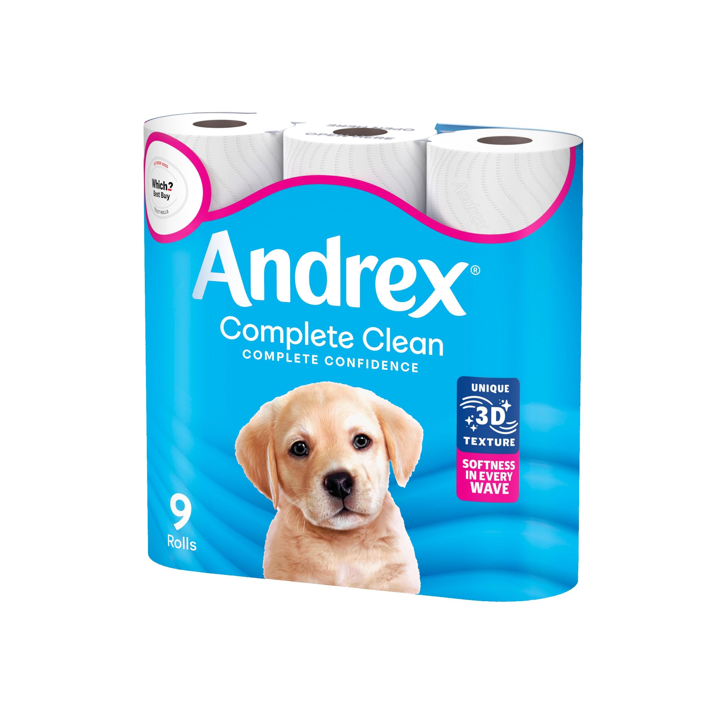 Andrex Complete Clean Toilet Roll - 9 Rolls, 3-Ply, Now Even Softer