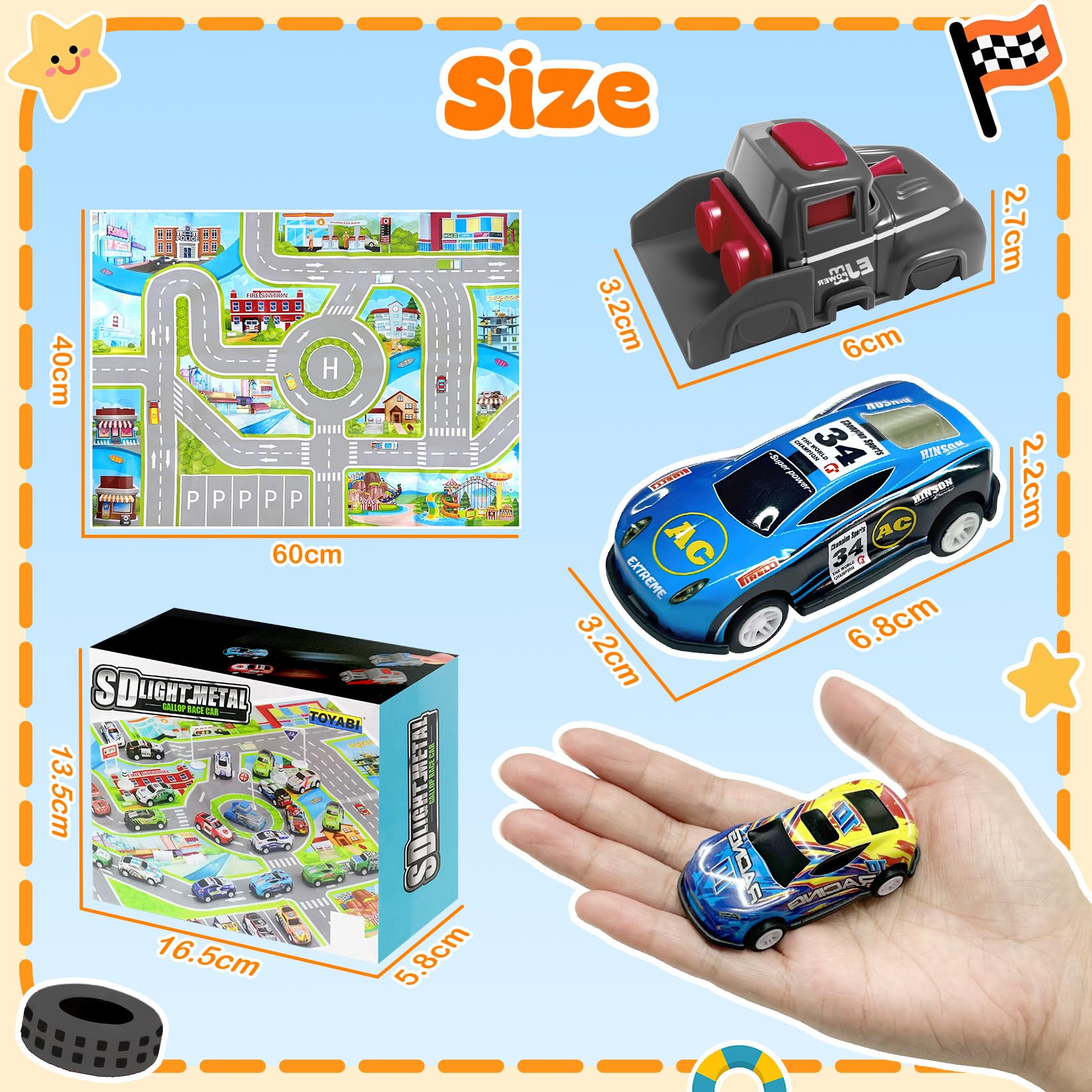 TOYABI Toy Cars - 10Pcs Pull Back Racing Set with Launcher, Mat & Obstacles for Kids 5