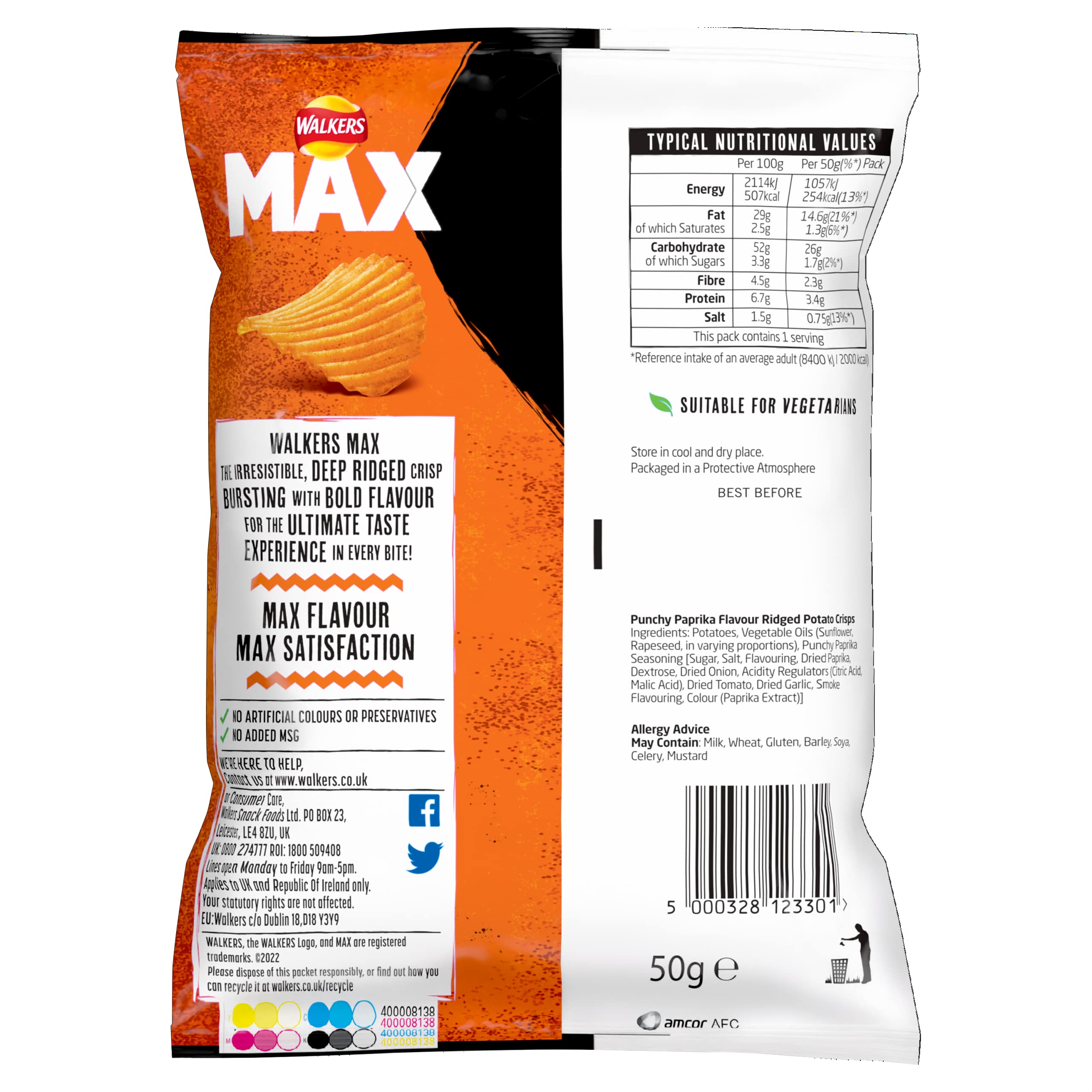 Walkers Max Punchy Paprika Flavour Ridges Crisps 50g