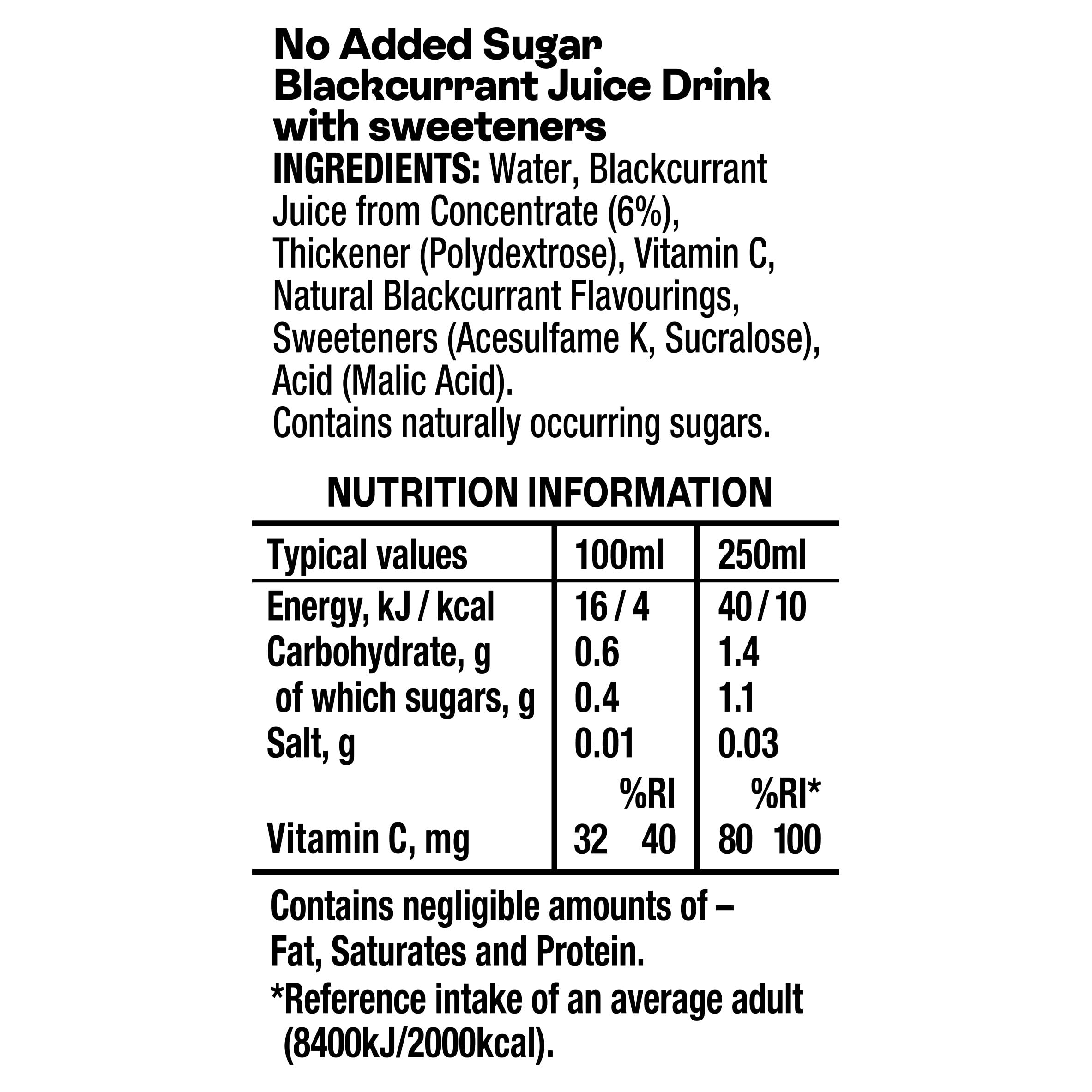 Ribena - Blackcurrant Juice Drink 250ml No Added Sugar Multipack of 6