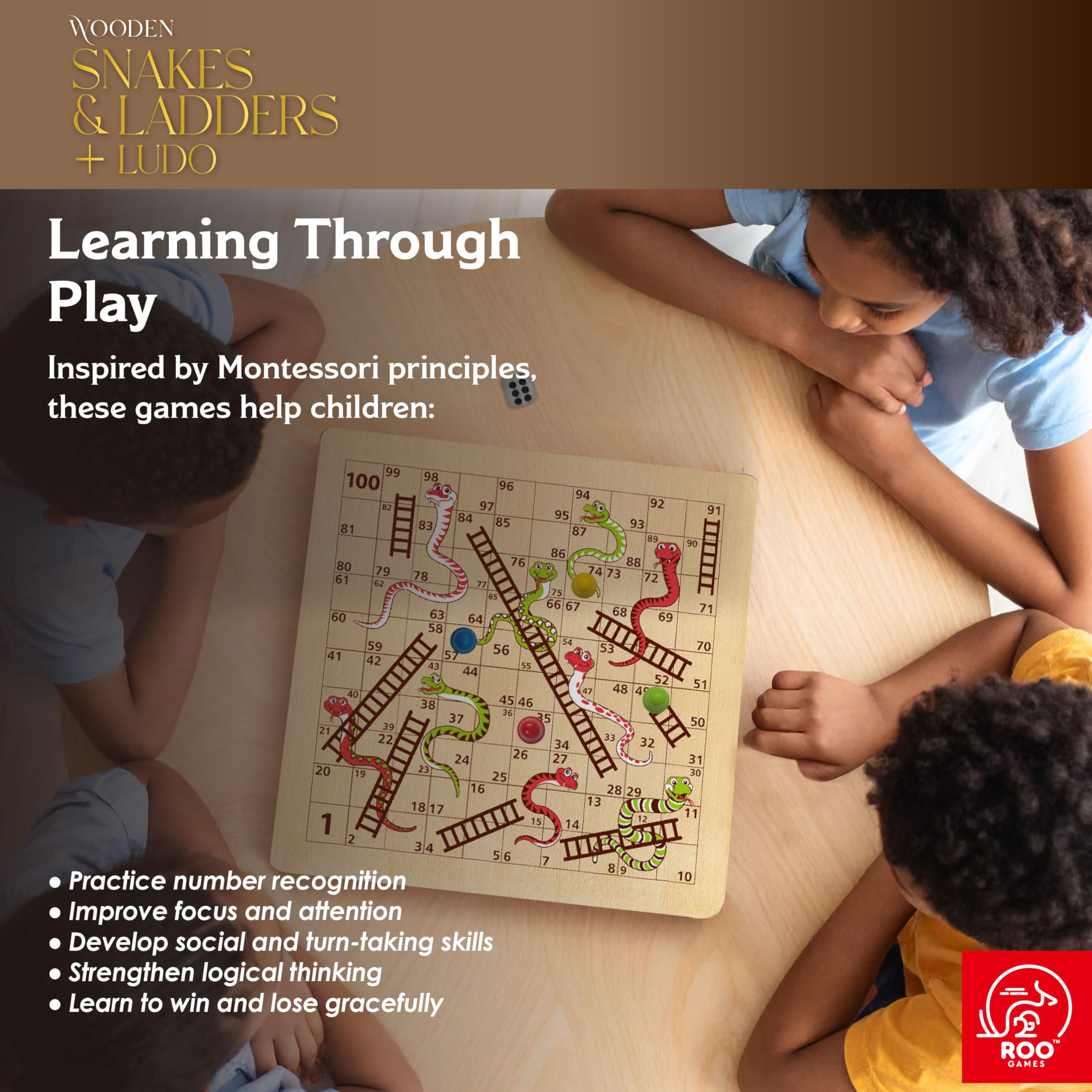 ROO GAMES Wooden Snakes and Ladders + Ludo Board Game – 2-in-1 Classic Family Game