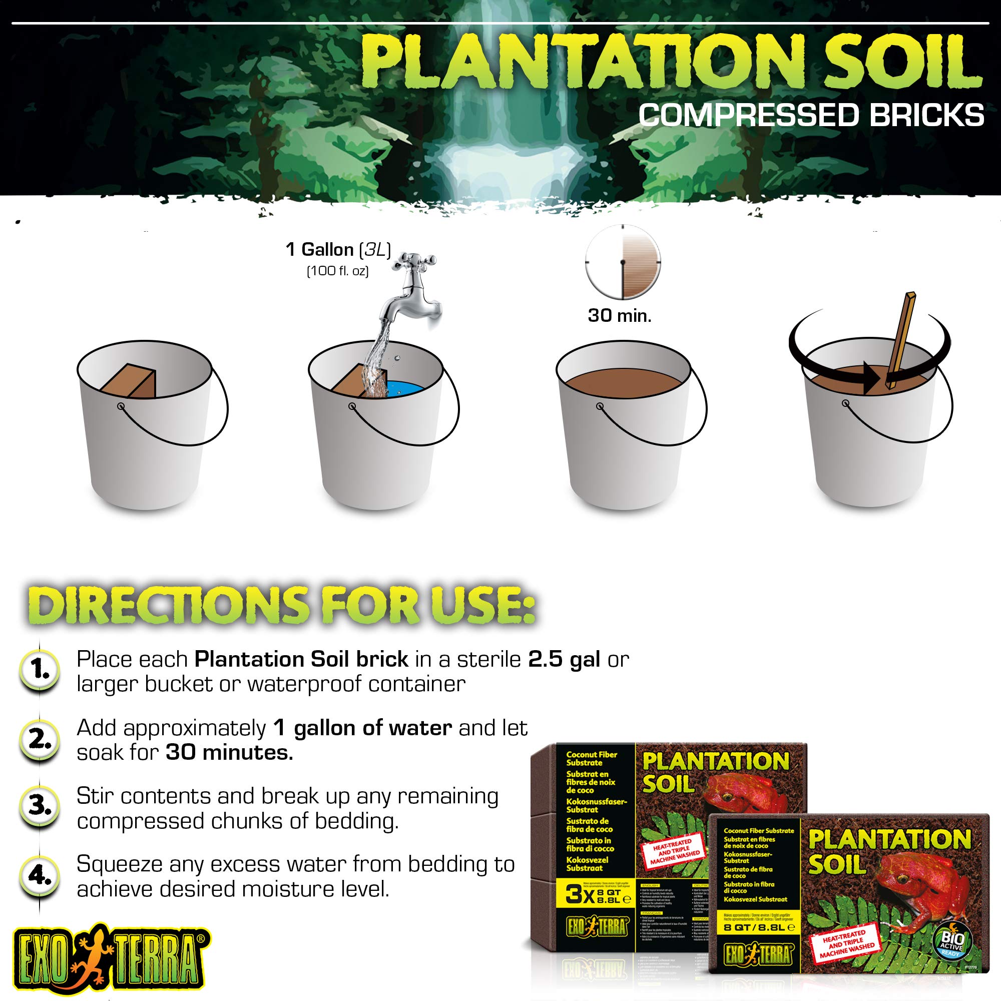 Exo Terra Plantation Soil Substrate - 100% Natural Coir for Tropical Terrariums | 3 x 8.8 Litre 6