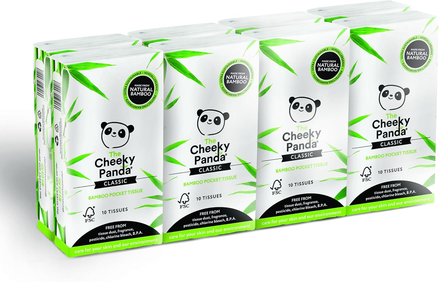 The Cheeky Panda – Bambus-Taschentücher, 8er-Pack | 3-lagige hypoallergene Reisetaschentücher