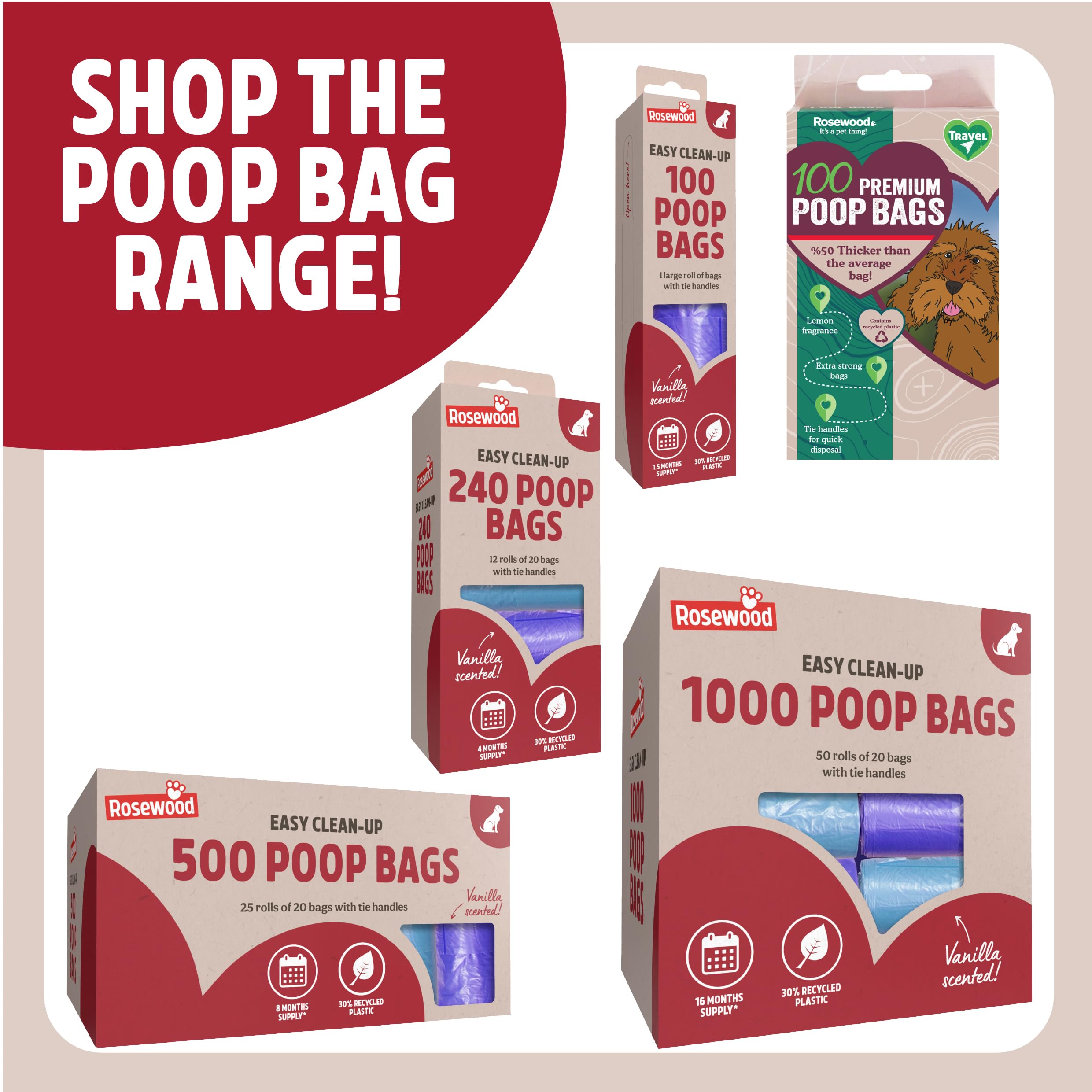 Rosewood Dog Poo Bags with Handles - 100 Count Roll | Vanilla Scented | 30% Recycled Plastic 7