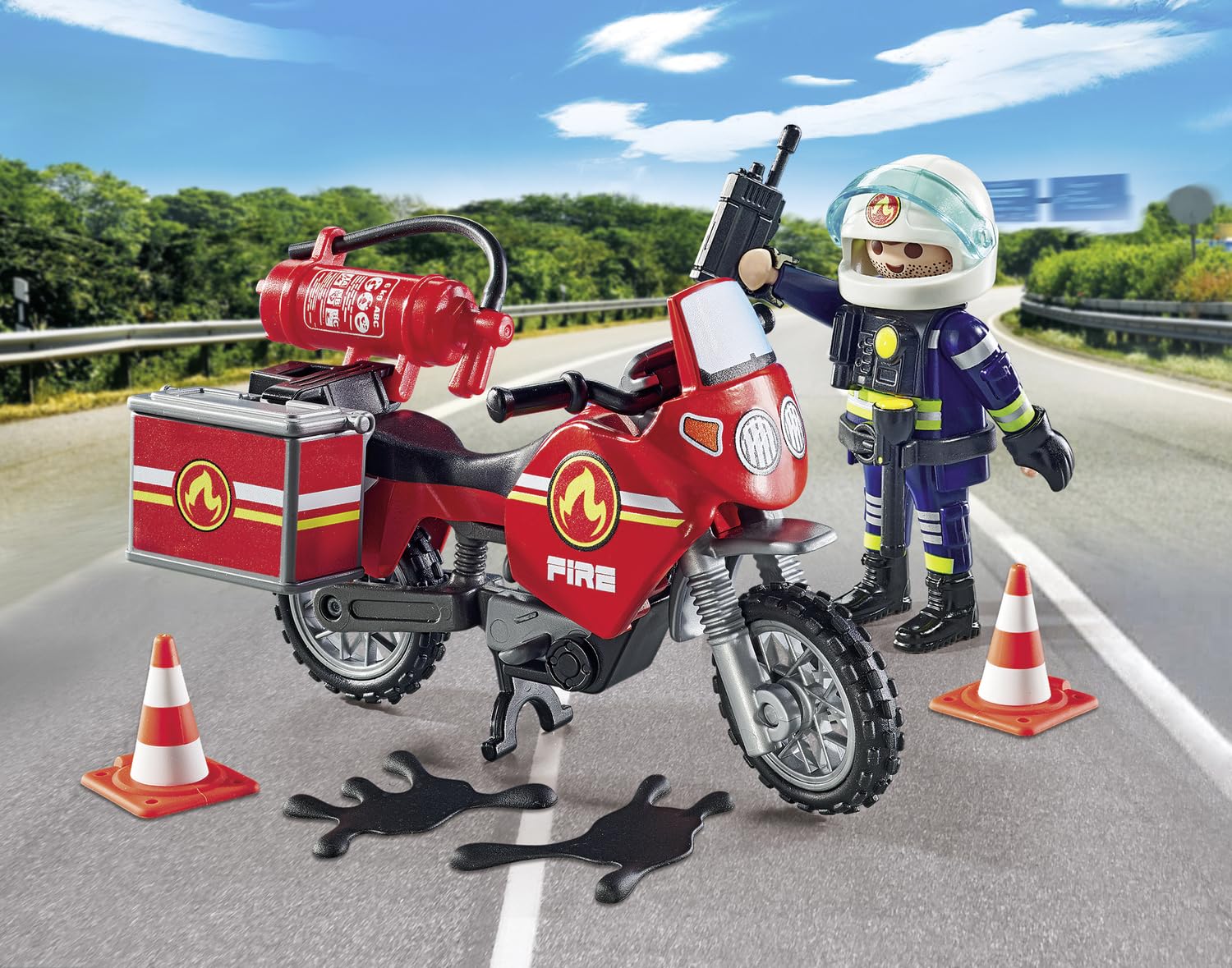 Playmobil 71466 Action Heroes: Motorcycle & Oil Spill Incident Playset - Firefighter Rescue Vehicle with Realistic Role-Play Accessories for Kids 4+ 5