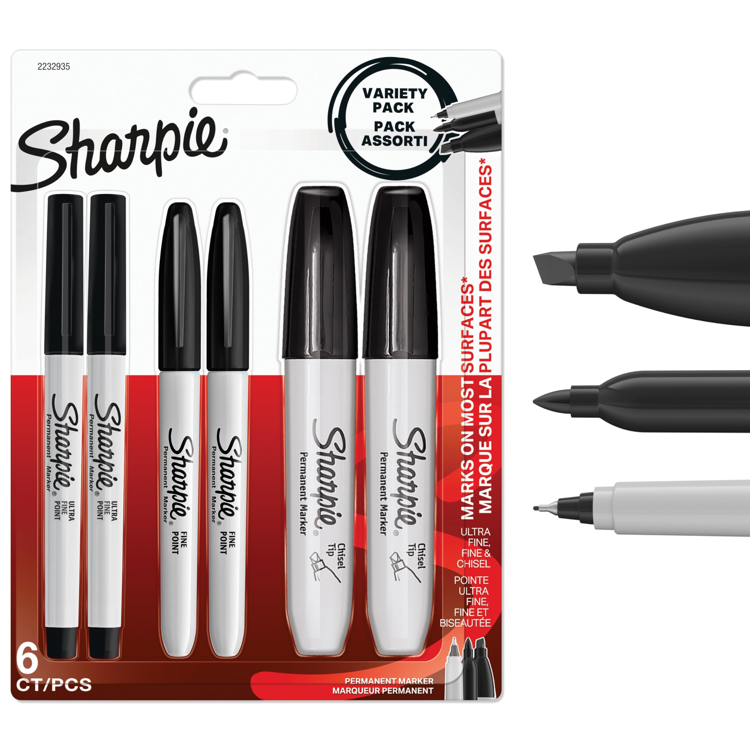Sharpie Permanent Markers - Variety Pack with Ultra Fine, Fine & Chisel Tips | 6 Black Markers