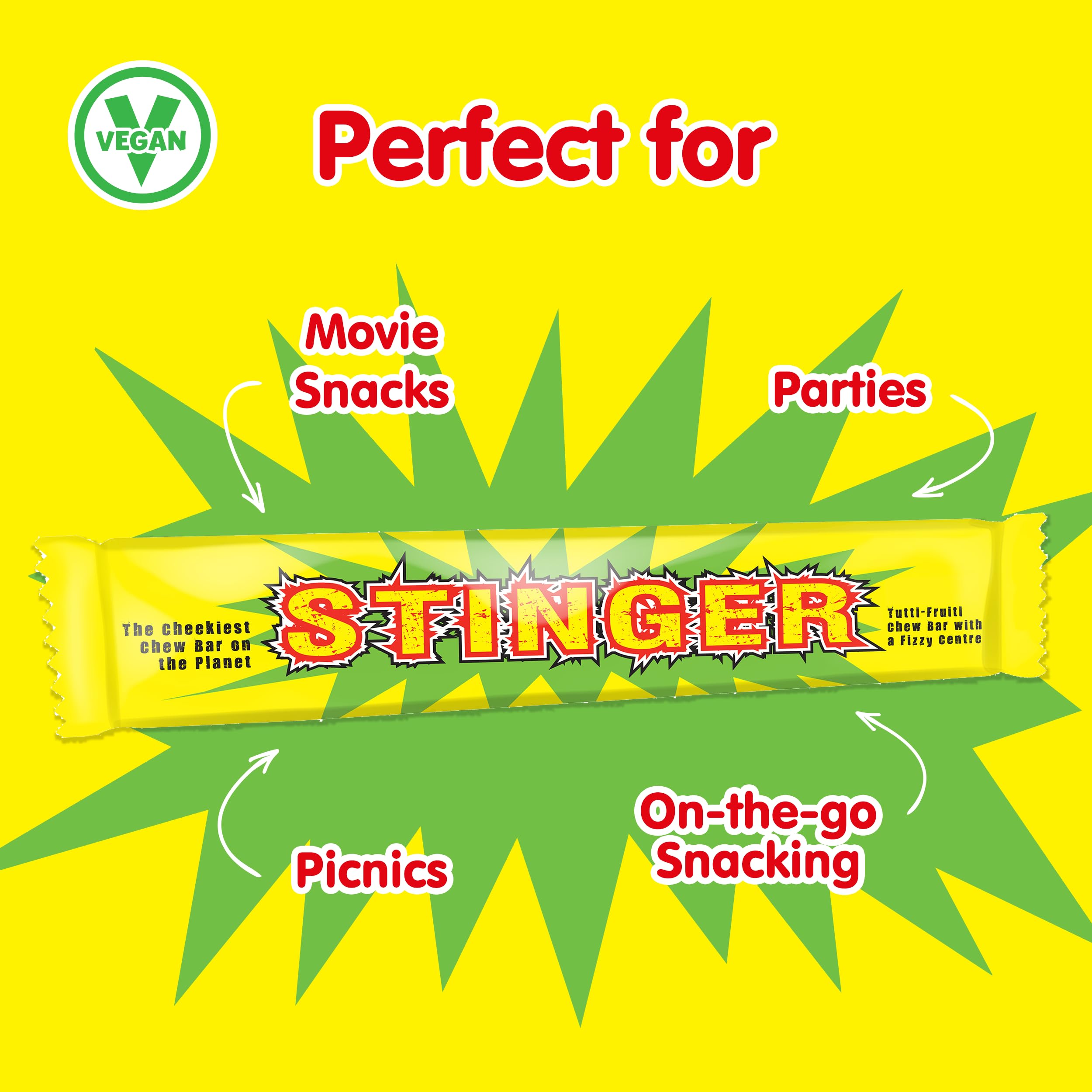 Swizzels Stinger Tutti Frutti Chew Bar Sweets – Vegane Kaubonbons mit Sprudelfüllung (60er-Packung)