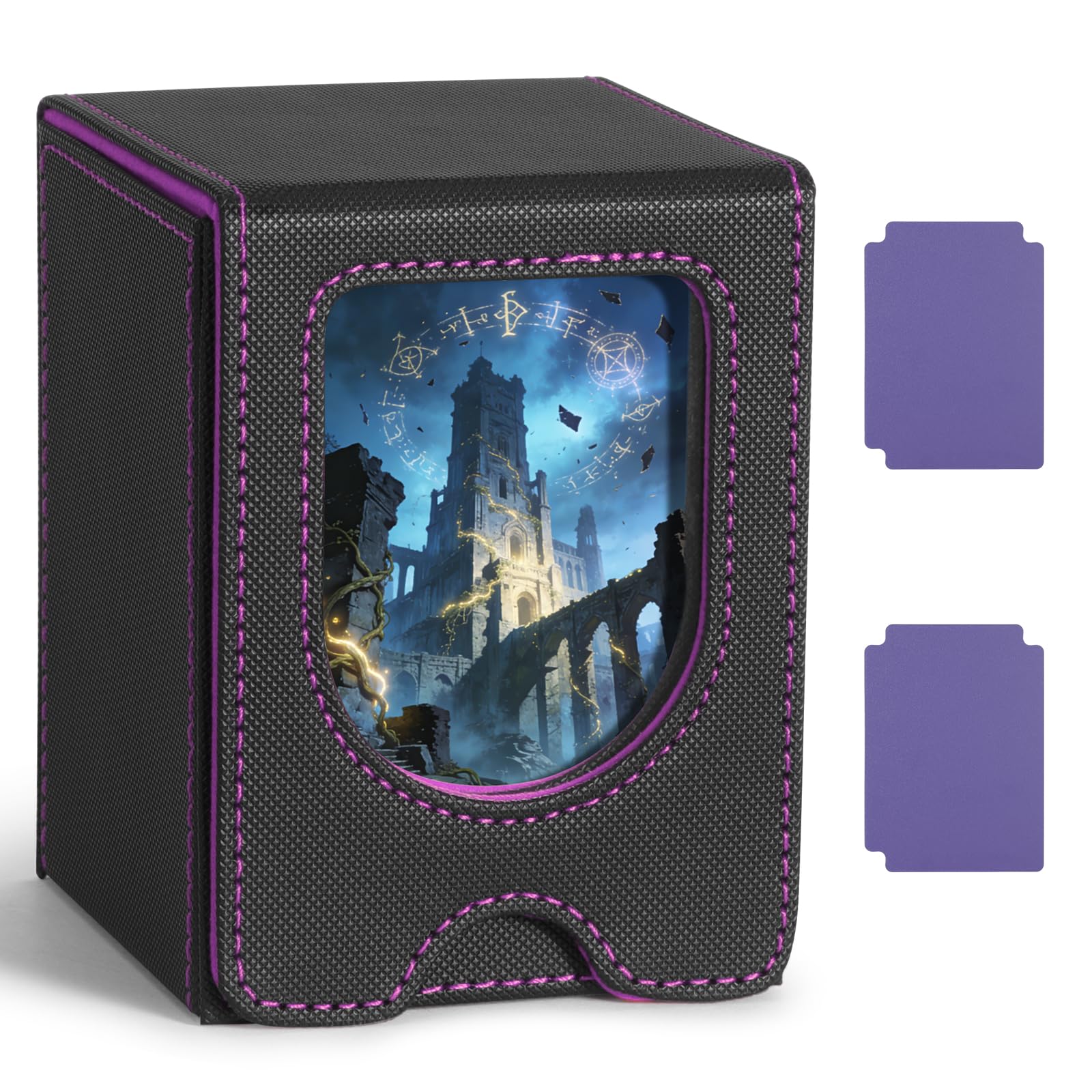 Euqvunn TCG Deck Box - Magnetic Closure, Display Window | Holds 100-220 Cards | Black & Purple