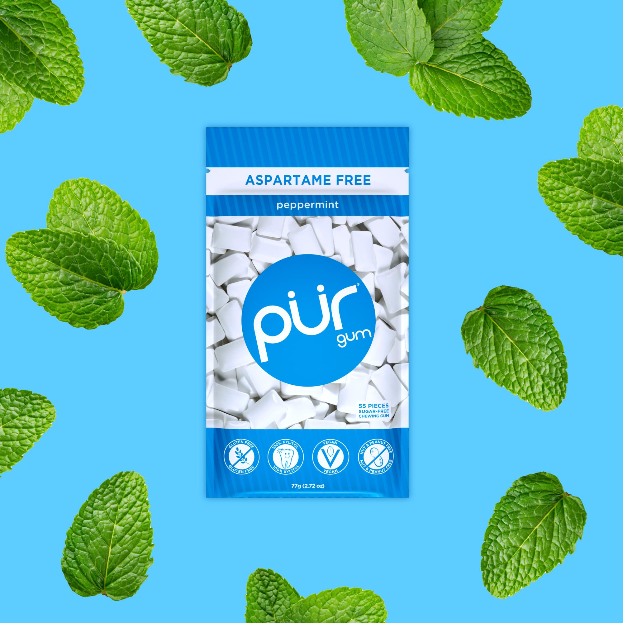 PUR - Natural Peppermint Sugar-Free Chewing Gum with Xylitol (55 Pieces, Pack of 3) 6
