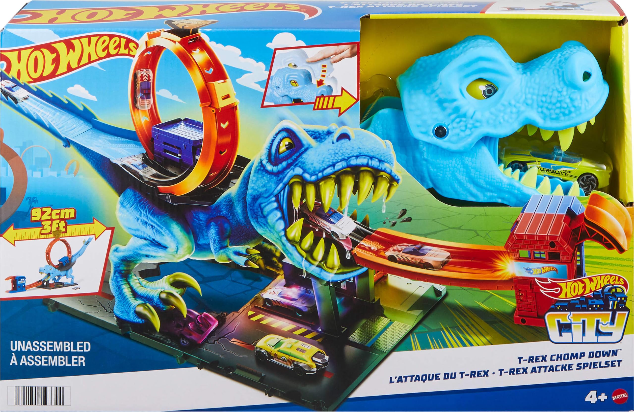Hot Wheels City T-Rex Chomp Down Racetrack Playset - Stunt Loop with Slam Launcher & Knock-Down Dinosaur, Includes 1:64 Scale Car 5