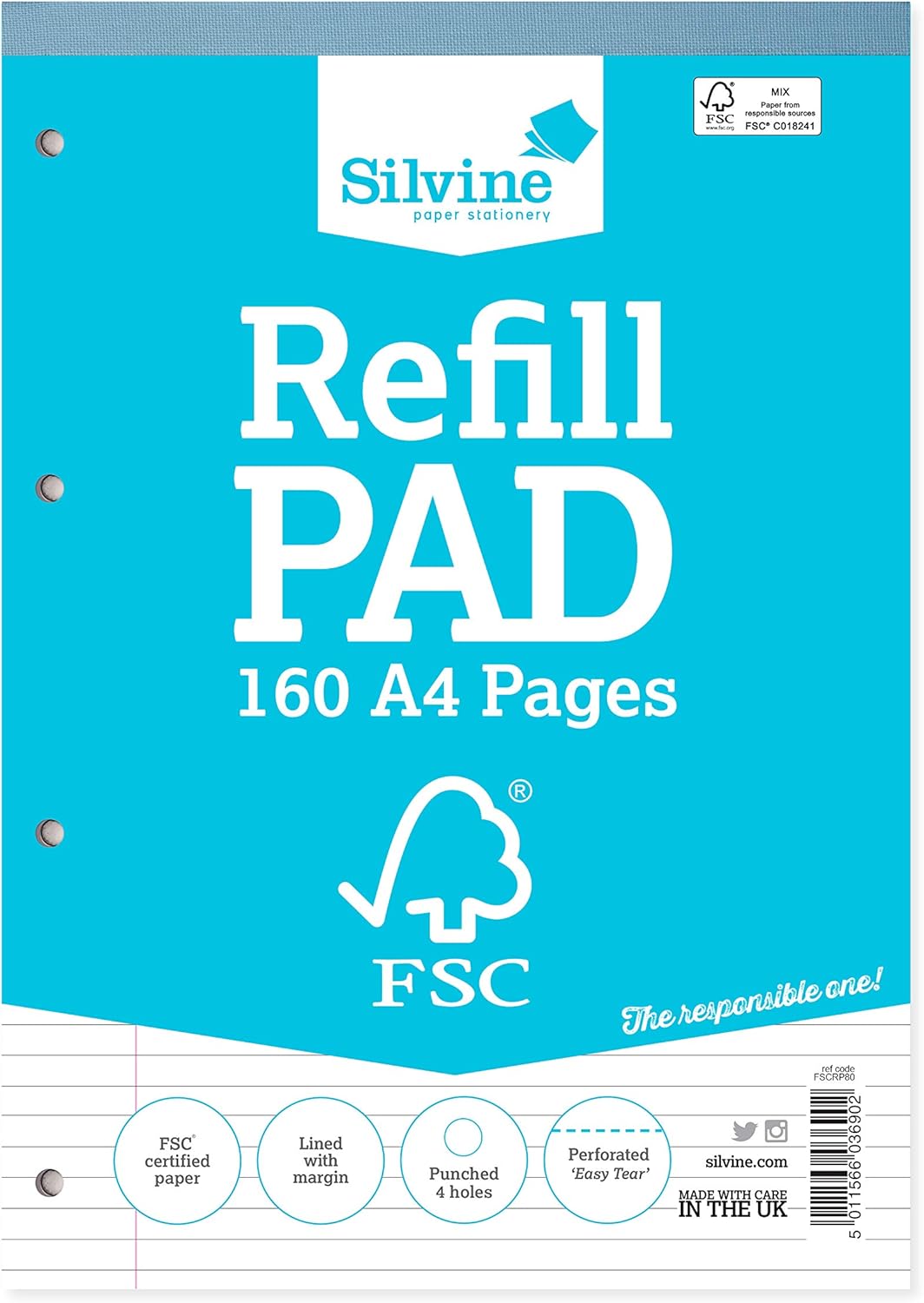 Silvine A4 Everyday FSC Refill Pad. Lined with Margin, 160 Pages of FSC Certified Paper. Ref FSCRP80