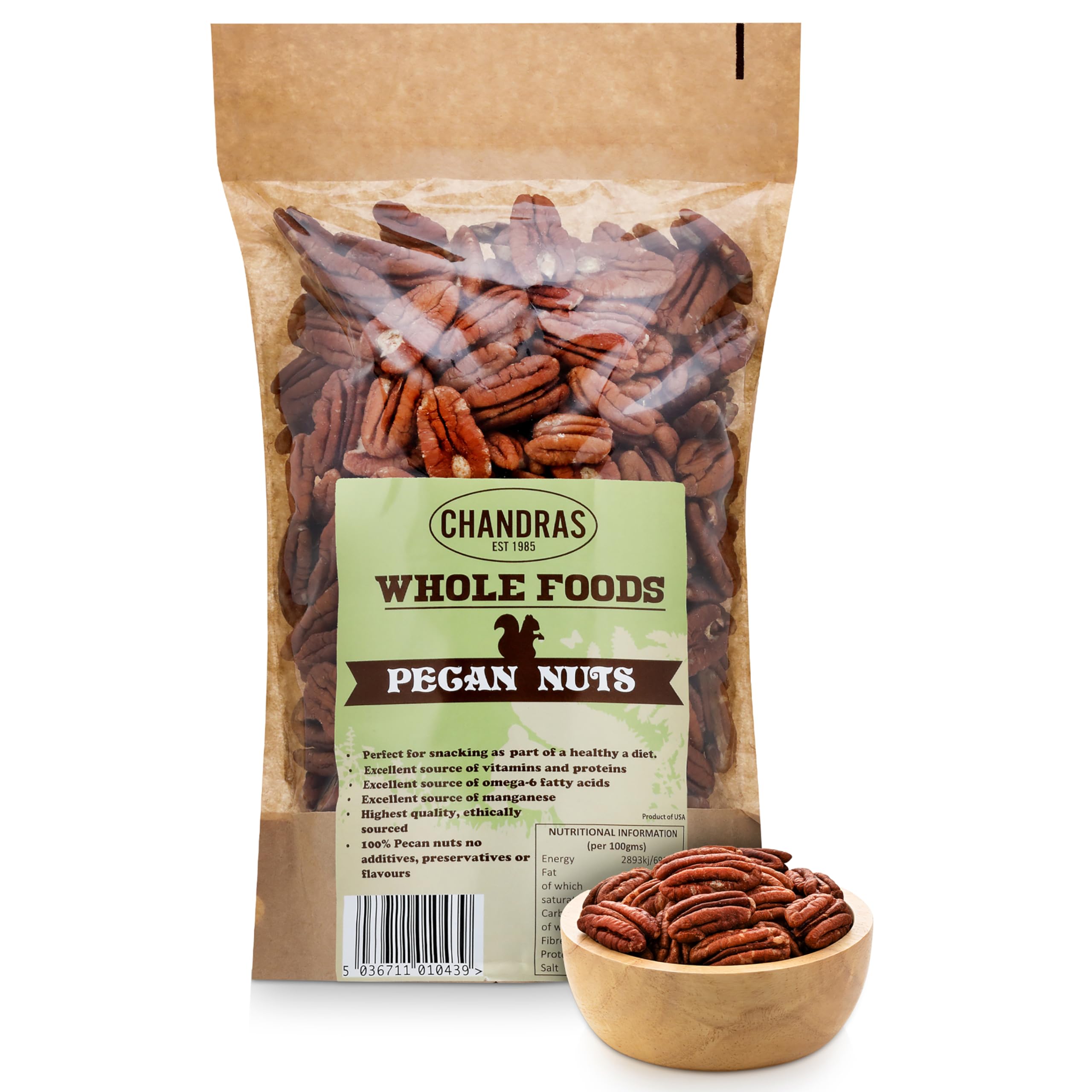 Chandra Whole Foods – Pekannüsse 1 kg – Rohe, glutenfreie, vegane Nüsse zum Naschen und Backen