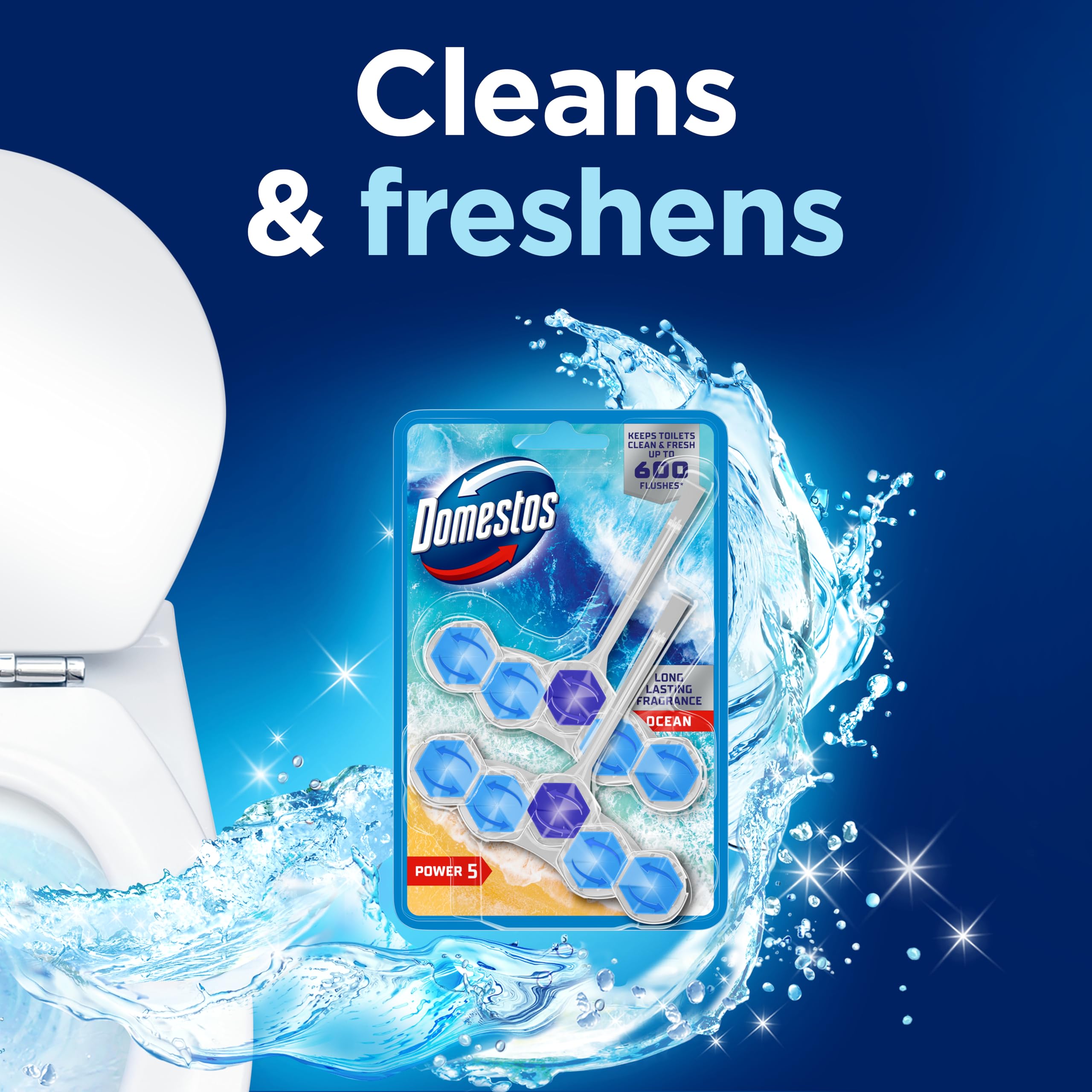 Domestos Power 5 Ocean Toilet Rim Blocks - 2 Count (50g Each) | Limescale Prevention & Rich Foam